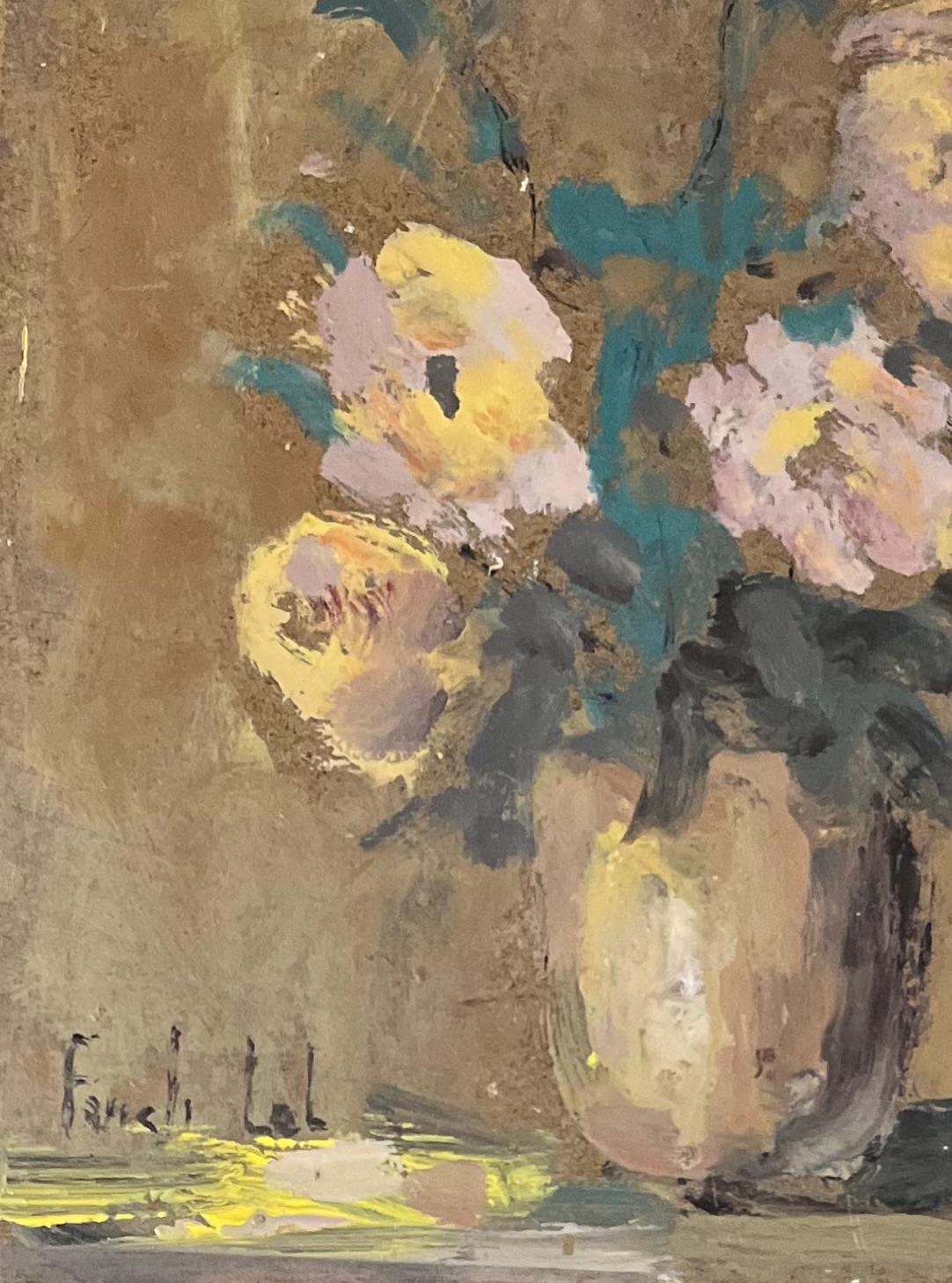 Pintura al óleo impresionista francesa de rosas rosas y amarillas en un jarrón - Landscape Painting Marrón de Fanch Lel