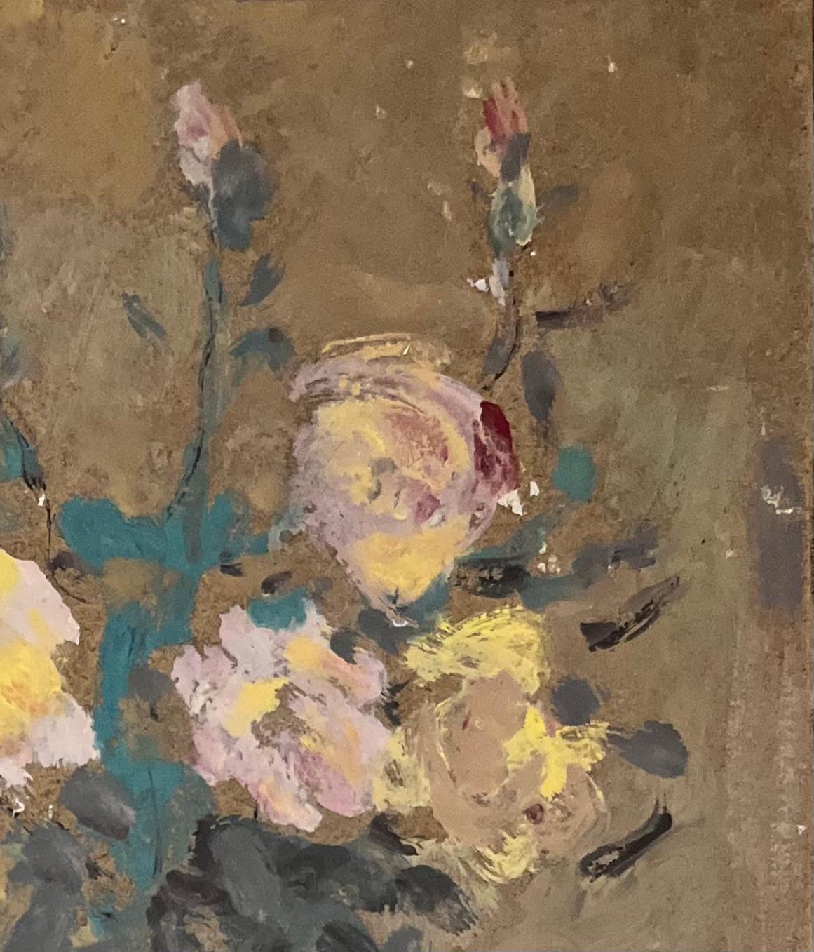 Título: Pintura al óleo impresionista francesa de rosas rosas y amarillas en un jarrón
Por Fanch Lel (francés, 1930)
Tamaño: 9,75 x 7,75 pulgadas (alto x ancho)
Firmado: Sí
Óleo sobre tabla, sin enmarcar
Estado de conservación: El cuadro está en