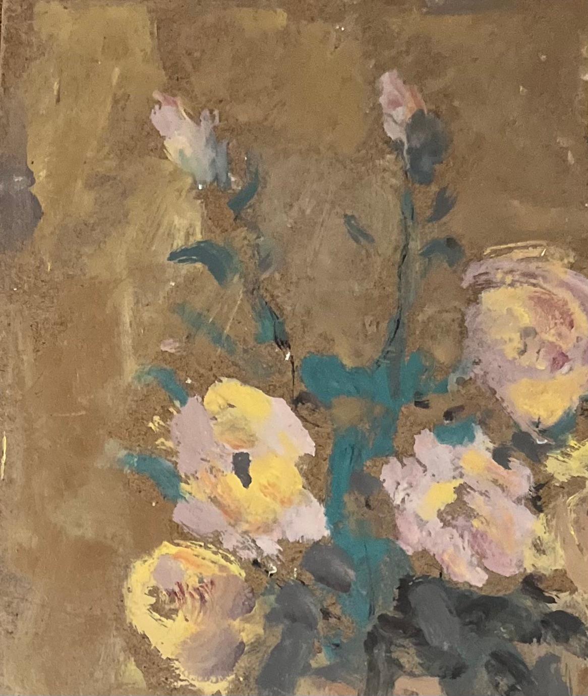 Pintura al óleo impresionista francesa de rosas rosas y amarillas en un jarrón en venta 1