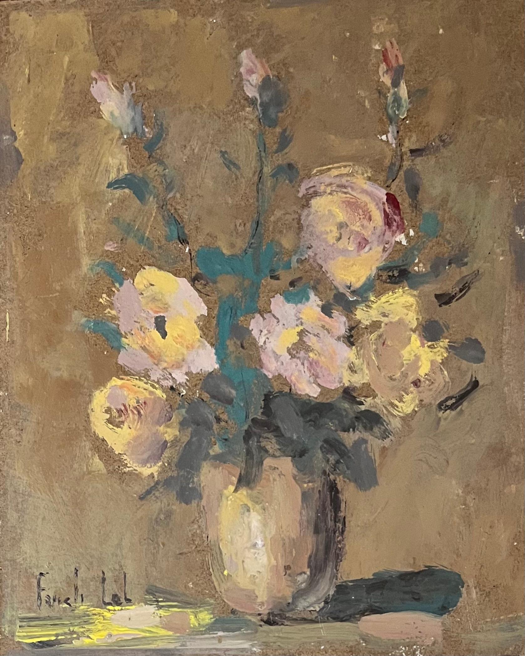 Landscape Painting de Fanch Lel - Pintura al óleo impresionista francesa de rosas rosas y amarillas en un jarrón