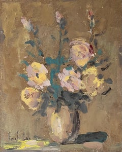 French Impressionist Oil Painting of Pink and Yellow Roses in a Vase