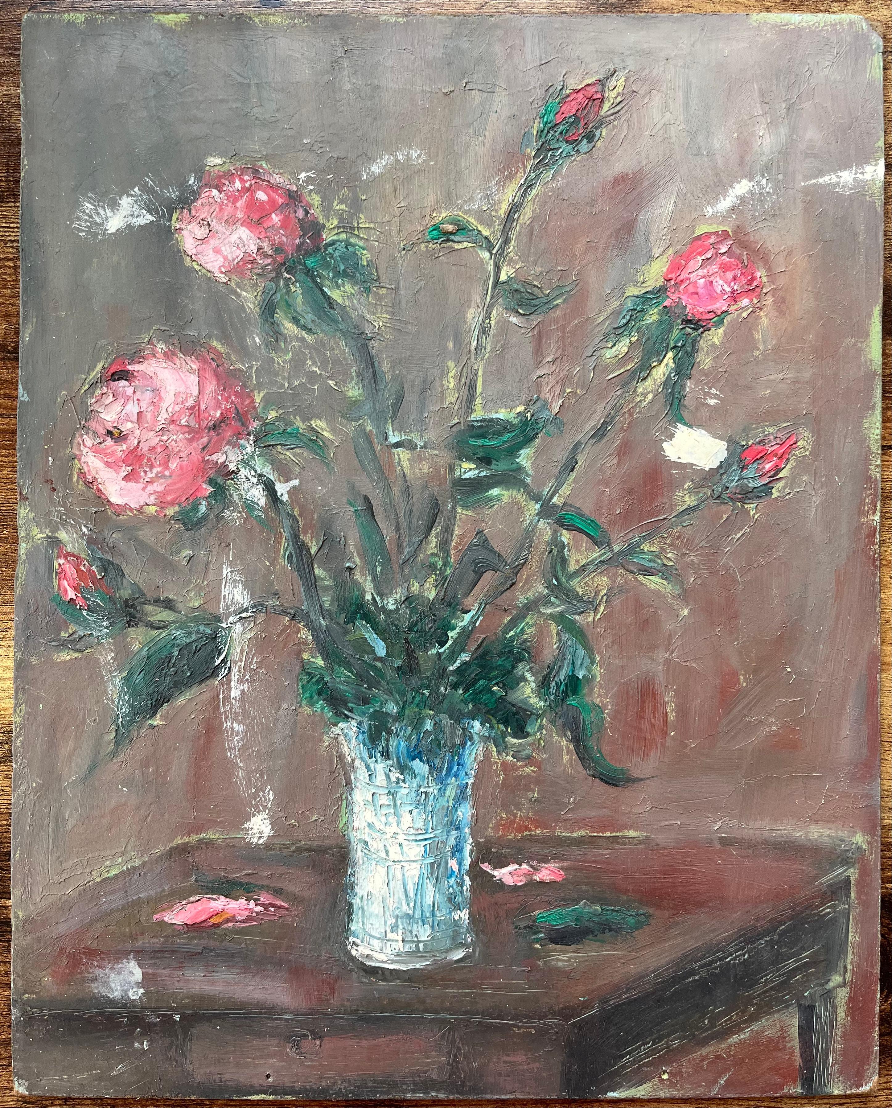 Quadro a olio impressionista francese con rose rosa in un vaso di vetro - Painting di Fanch Lel