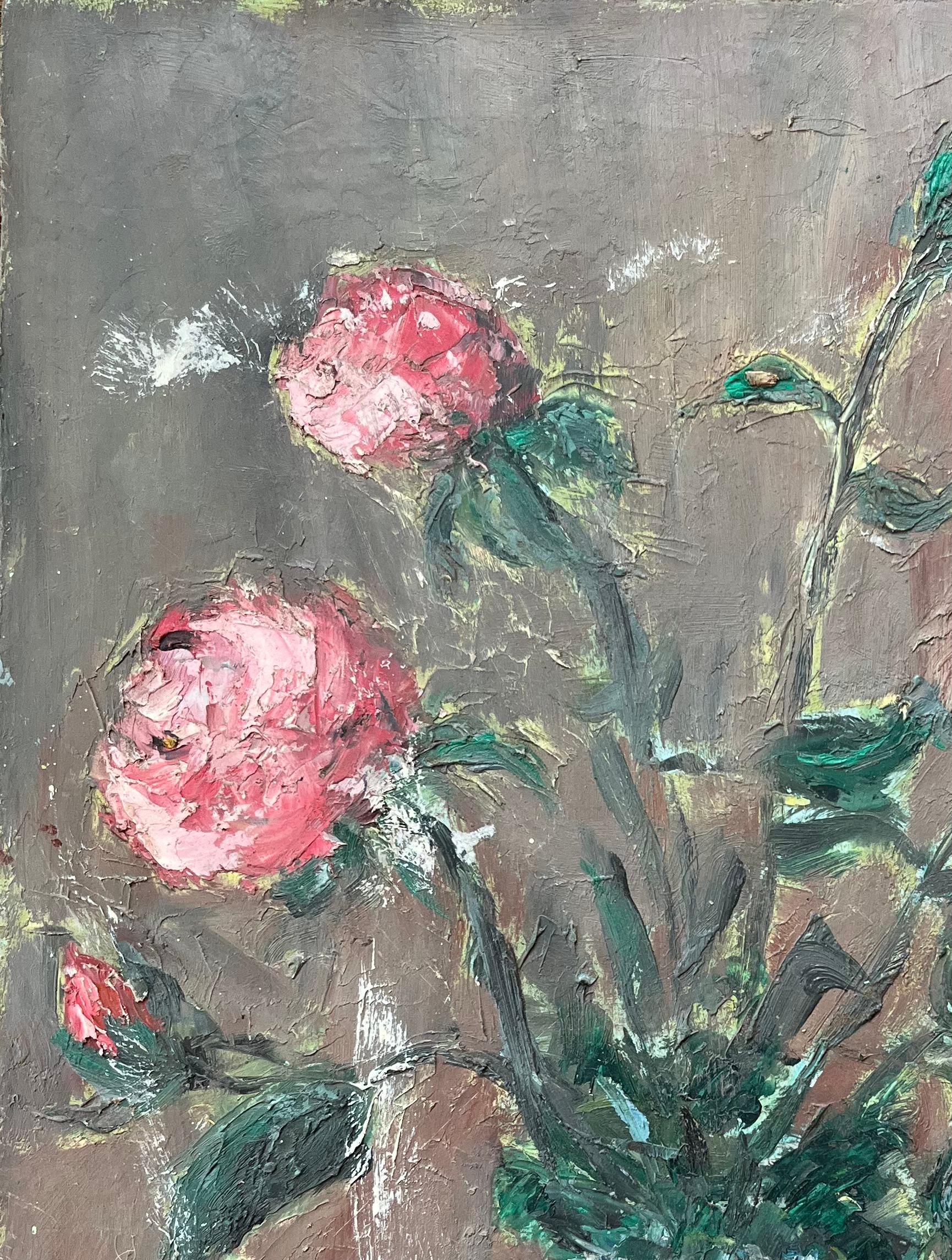 Quadro a olio impressionista francese con rose rosa in un vaso di vetro - Painting Impressionismo di Fanch Lel