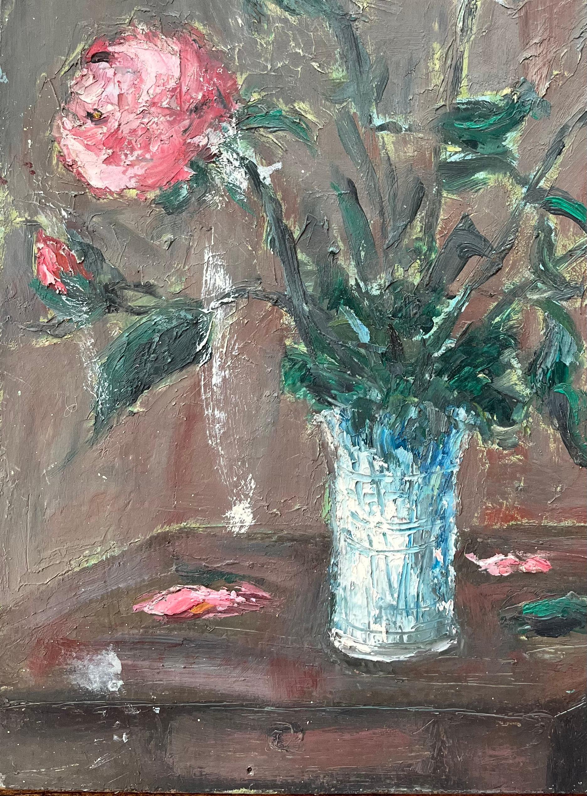 Quadro a olio impressionista francese con rose rosa in un vaso di vetro - Landscape Painting Grigio di Fanch Lel