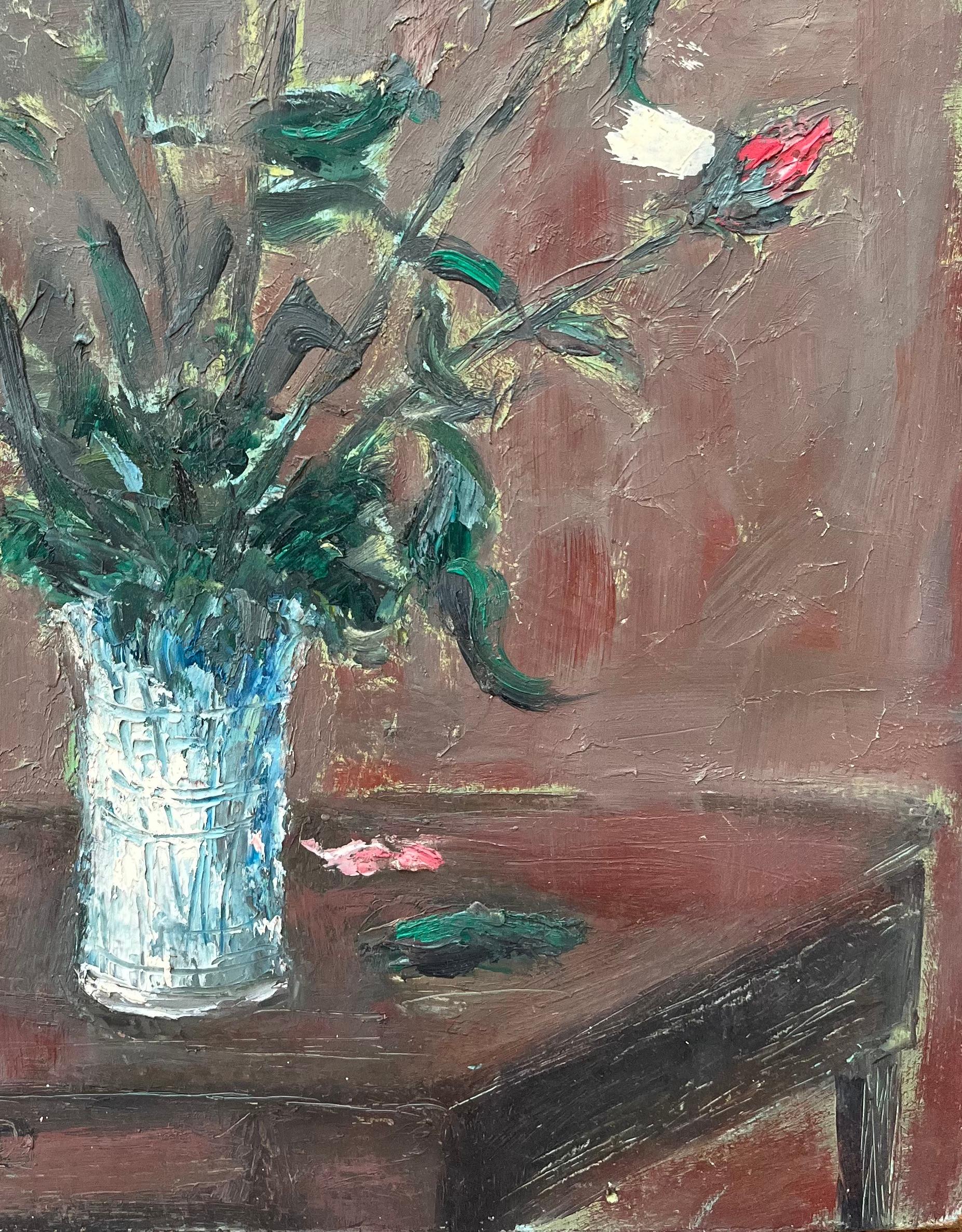 Titolo: Pittura a olio impressionista francese di rose rosa in un vaso di vetro
Di Fanch Lel (francese, nato nel 1930)
Dimensioni: 16,25 x 13 pollici (altezza x larghezza)
Pittura a olio su tavola, senza cornice
Condit: Il dipinto è in buone