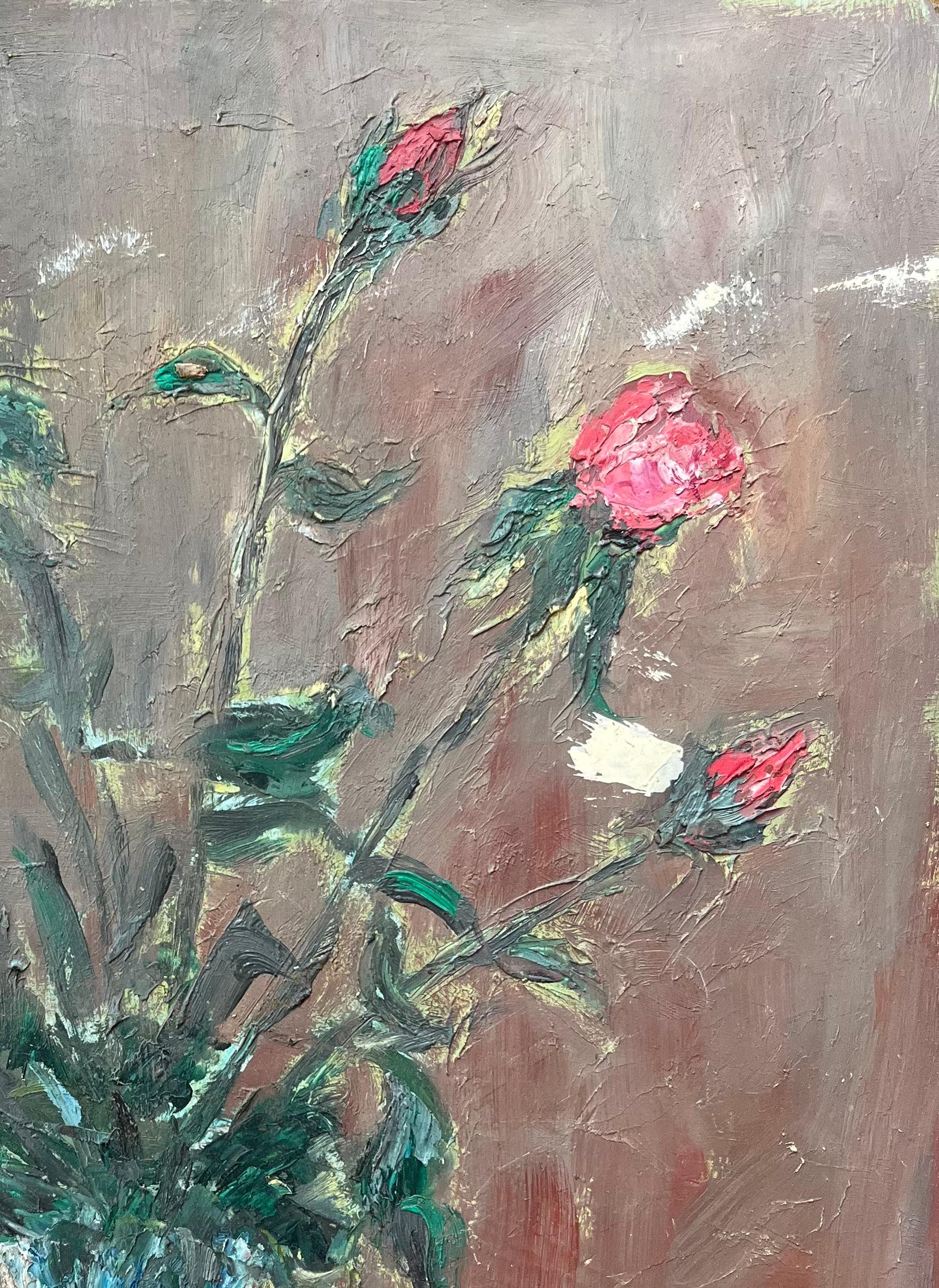 Quadro a olio impressionista francese con rose rosa in un vaso di vetro in vendita 1