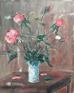 French Impressionist Oil Painting of Pink Roses in a Glass Vase