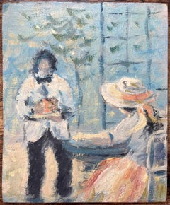 Peinture à l'huile impressionniste française représentant un service provençal dans le jardin