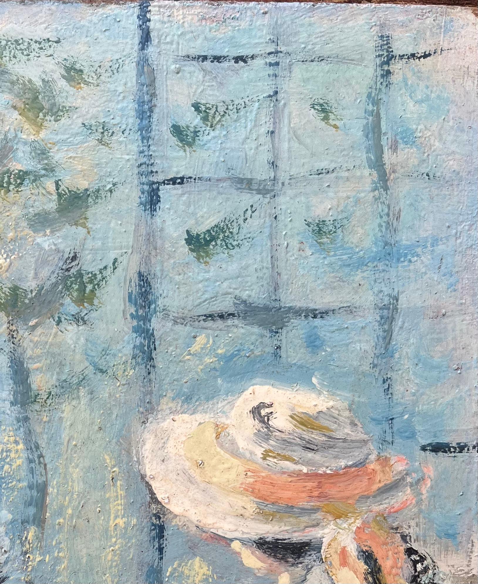 Titel: Französischer Impressionist Ölgemälde von provenzalischem Service im Garten
Von Fanch Lel (Franzose, geb. 1930)
Größe: 10,5 x 8,75 Zoll (Höhe x Breite)
Unterschrieben: Verso
Ölgemälde auf Karton, ungerahmt
Zustand: Das Gemälde ist in gutem