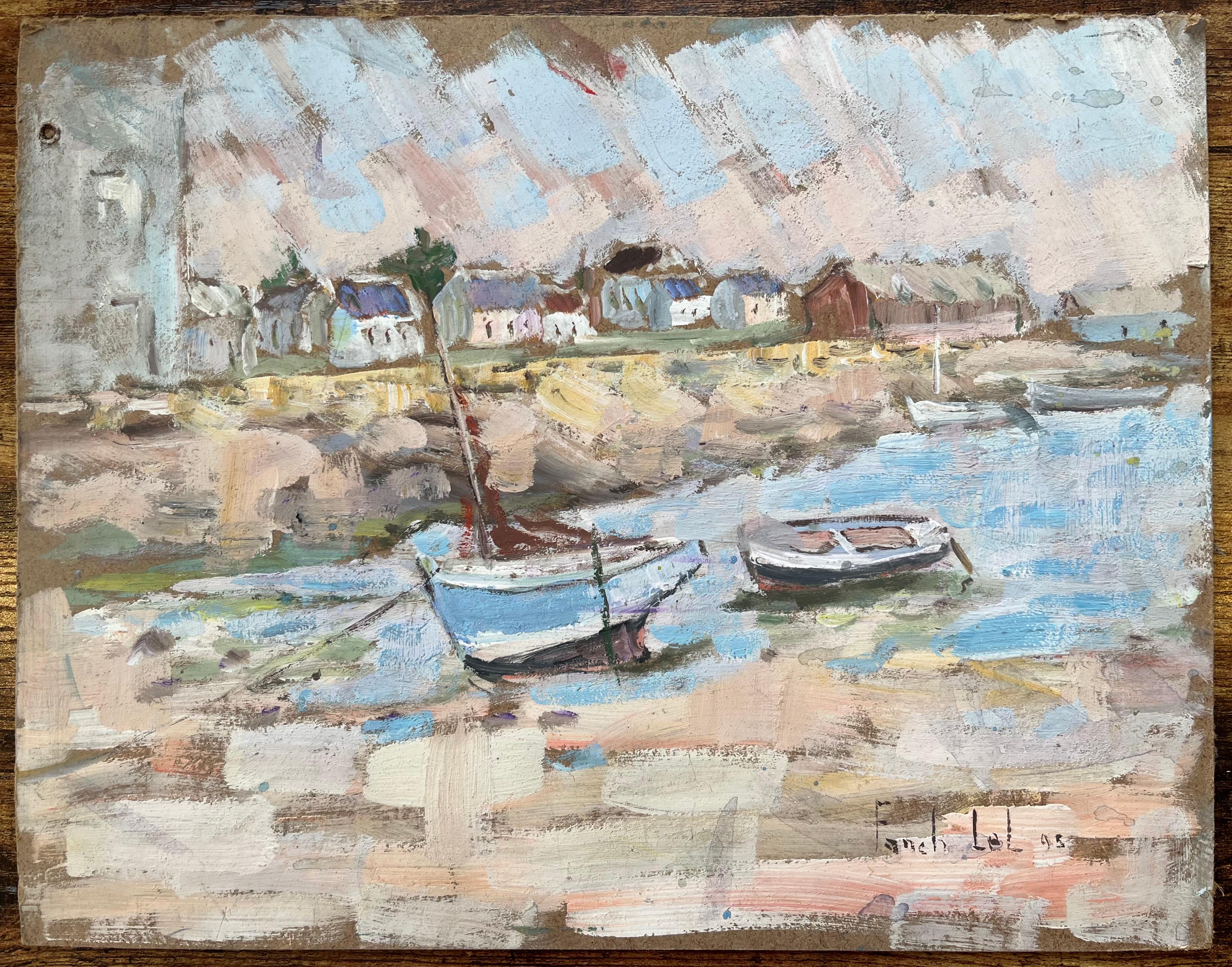 French Impressionist Oil Painting of Quaint Harbor Scene with Boats at Low Tide - Gray Landscape Painting by Fanch Lel