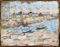 French Impressionist Oil Painting of Quaint Harbor Scene with Boats at Low Tide