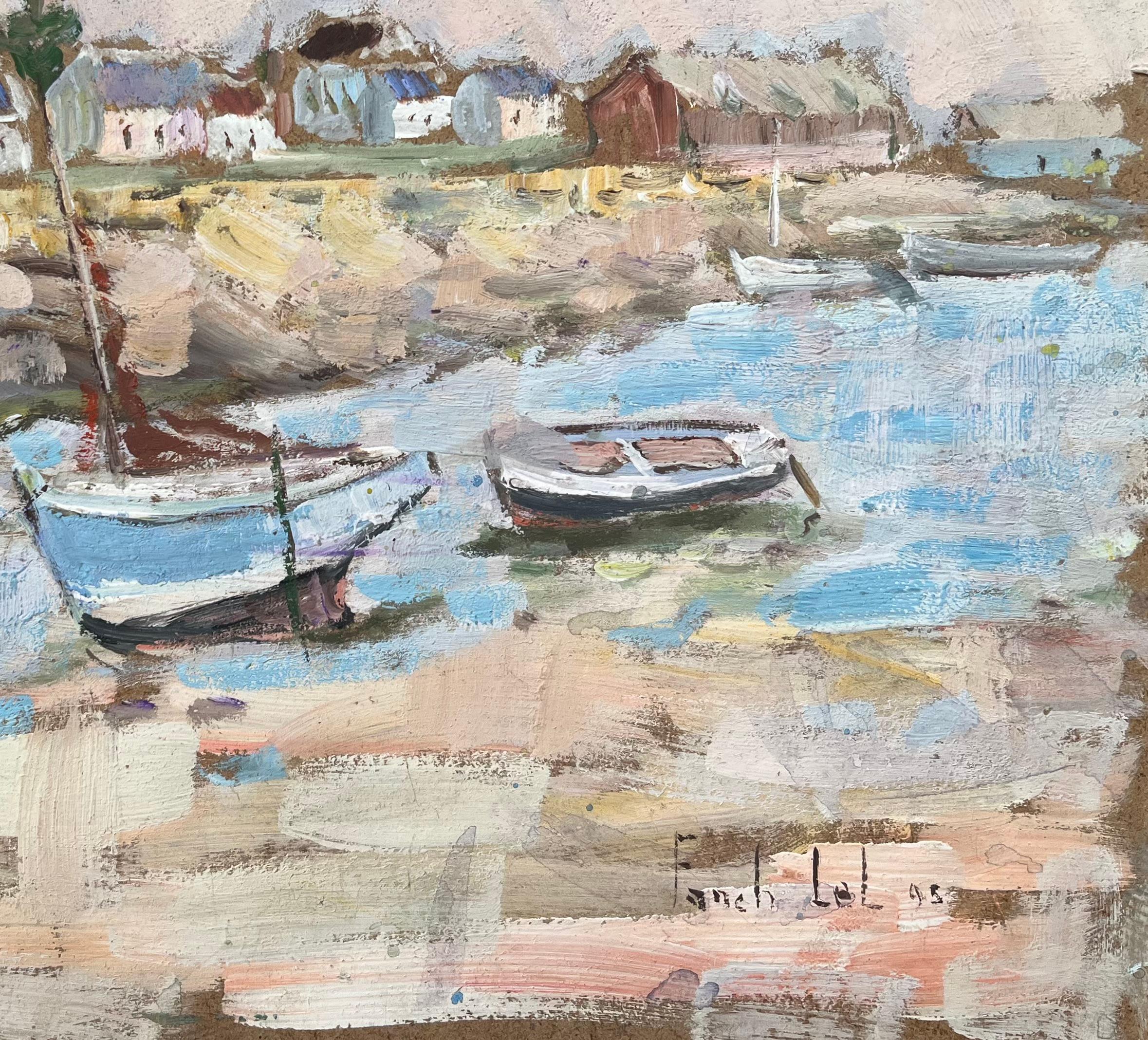 Title: French Impressionist Oil Painting of Quaint Harbor Scene with Boats at Low Tide
By Fanch Lel (French b. 1930)
Size: 11 x 14.25 inches (height x width)
Signed: Yes
Oil painting on board, unframed
Condition: The painting is in good condition,