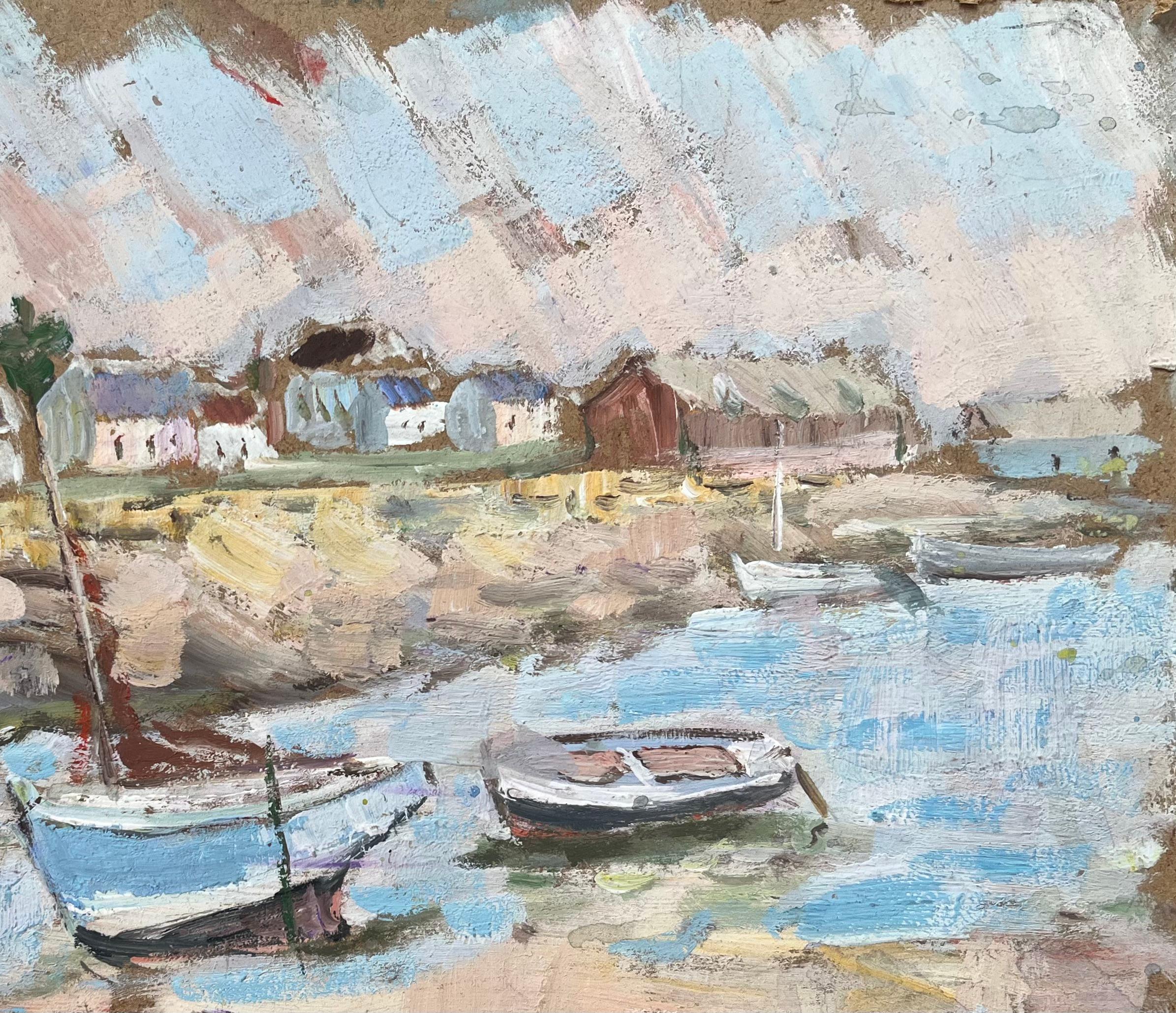 French Impressionist Oil Painting of Quaint Harbor Scene with Boats at Low Tide For Sale 1