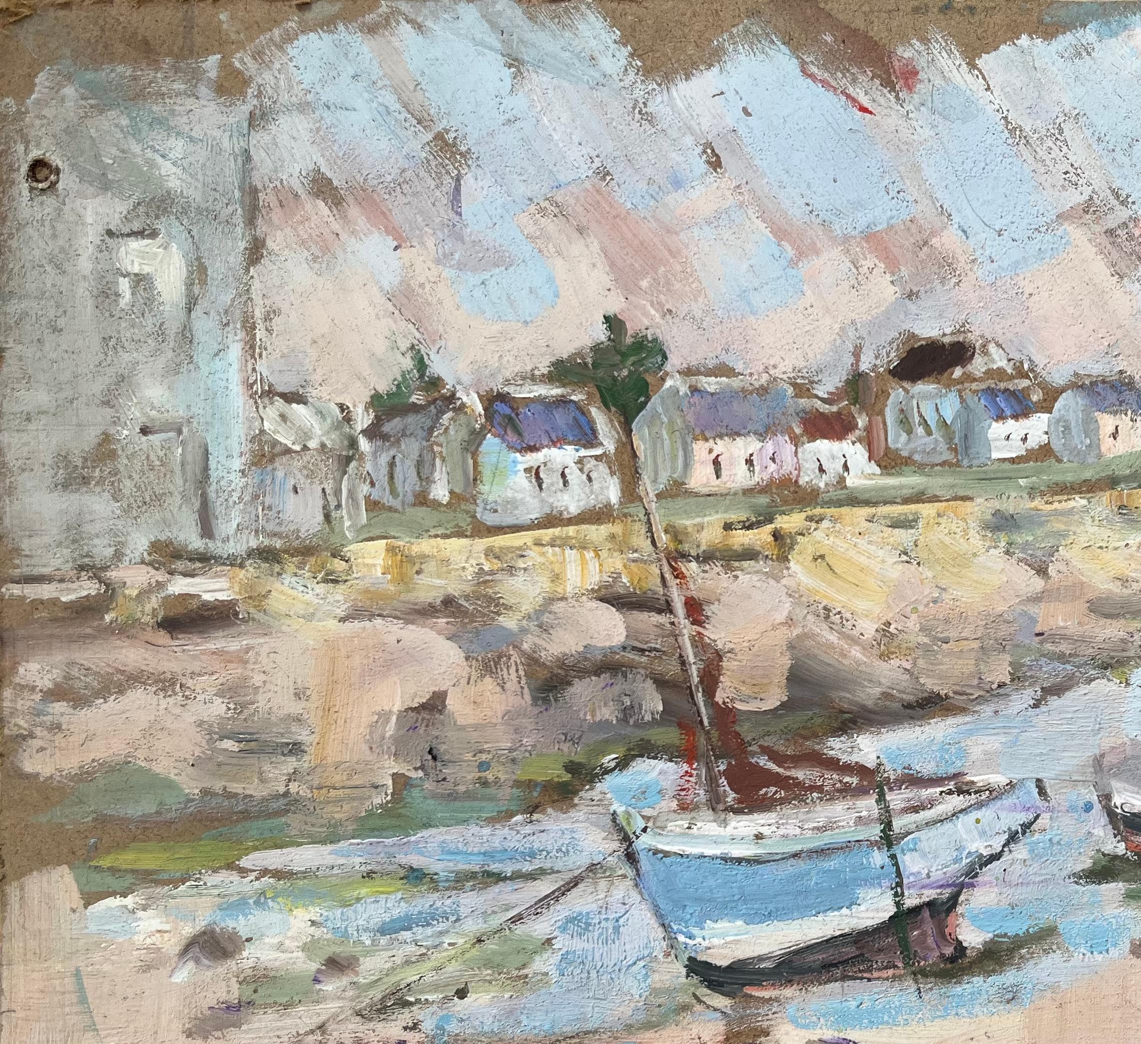 French Impressionist Oil Painting of Quaint Harbor Scene with Boats at Low Tide For Sale 2