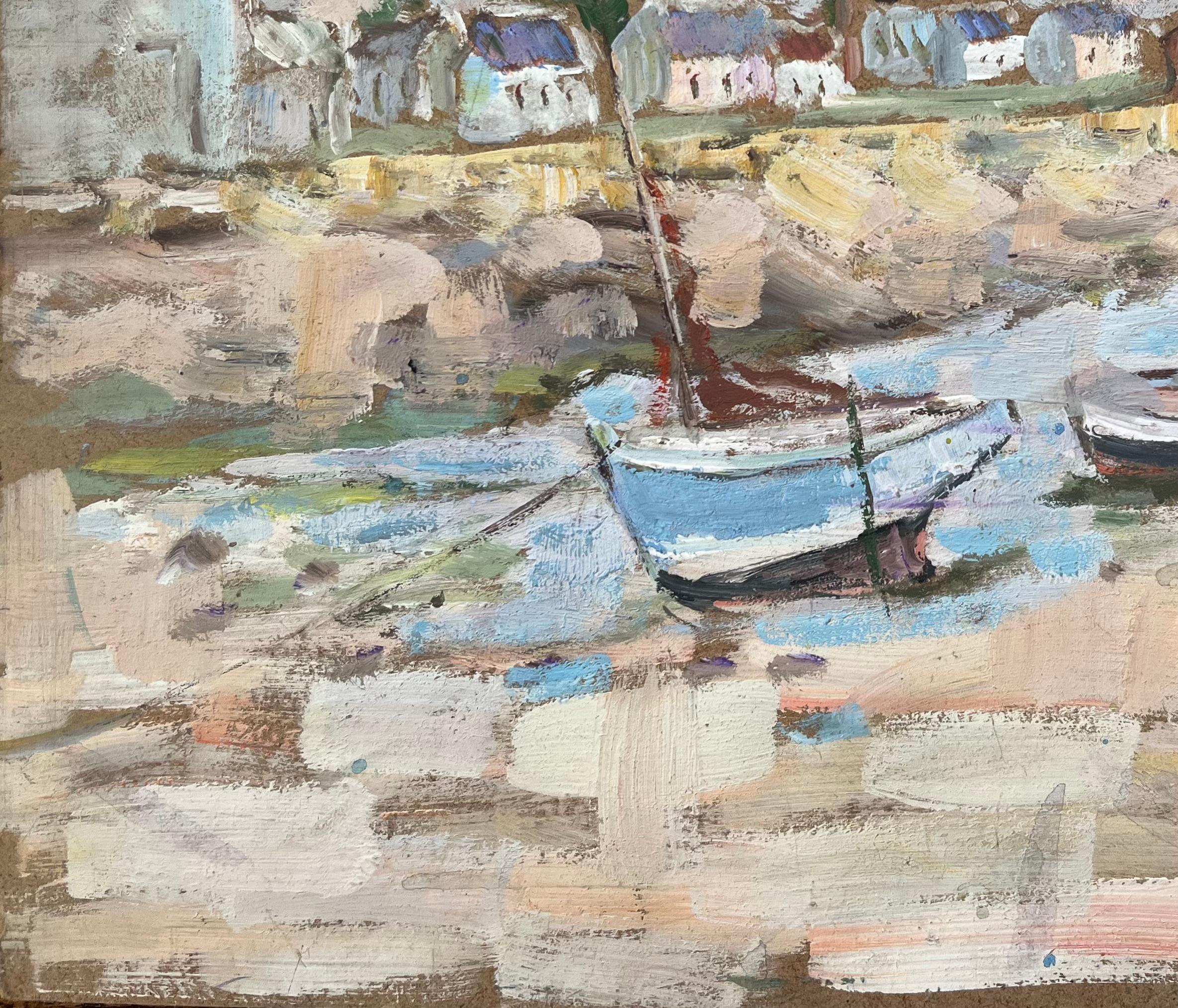 French Impressionist Oil Painting of Quaint Harbor Scene with Boats at Low Tide For Sale 3