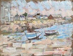 French Impressionist Oil Painting of Quaint Harbor Scene with Boats at Low Tide