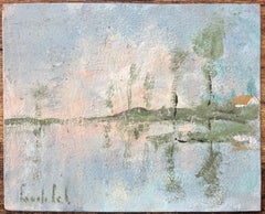 French Impressionist Oil Painting of Reflections of a Cottage on a Misty Lake