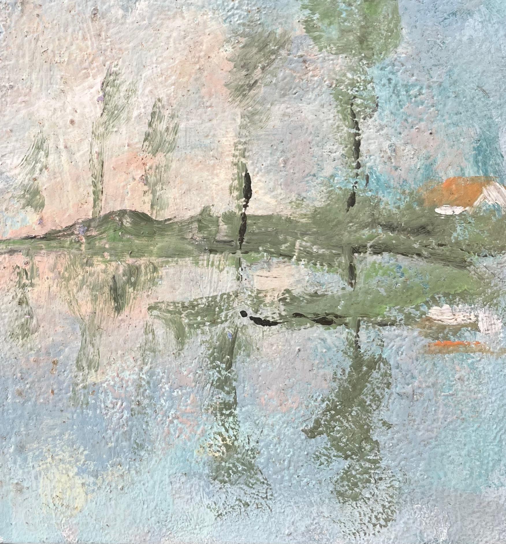 Title: French Impressionist Oil Painting of Reflections of a Cottage on a Misty Lake
By Fanch Lel (French b. 1930)
Size: 8.5 x 10.75 inches (height x width)
Signed: Yes
Oil painting on board, unframed
Condition: The painting is in good condition,
