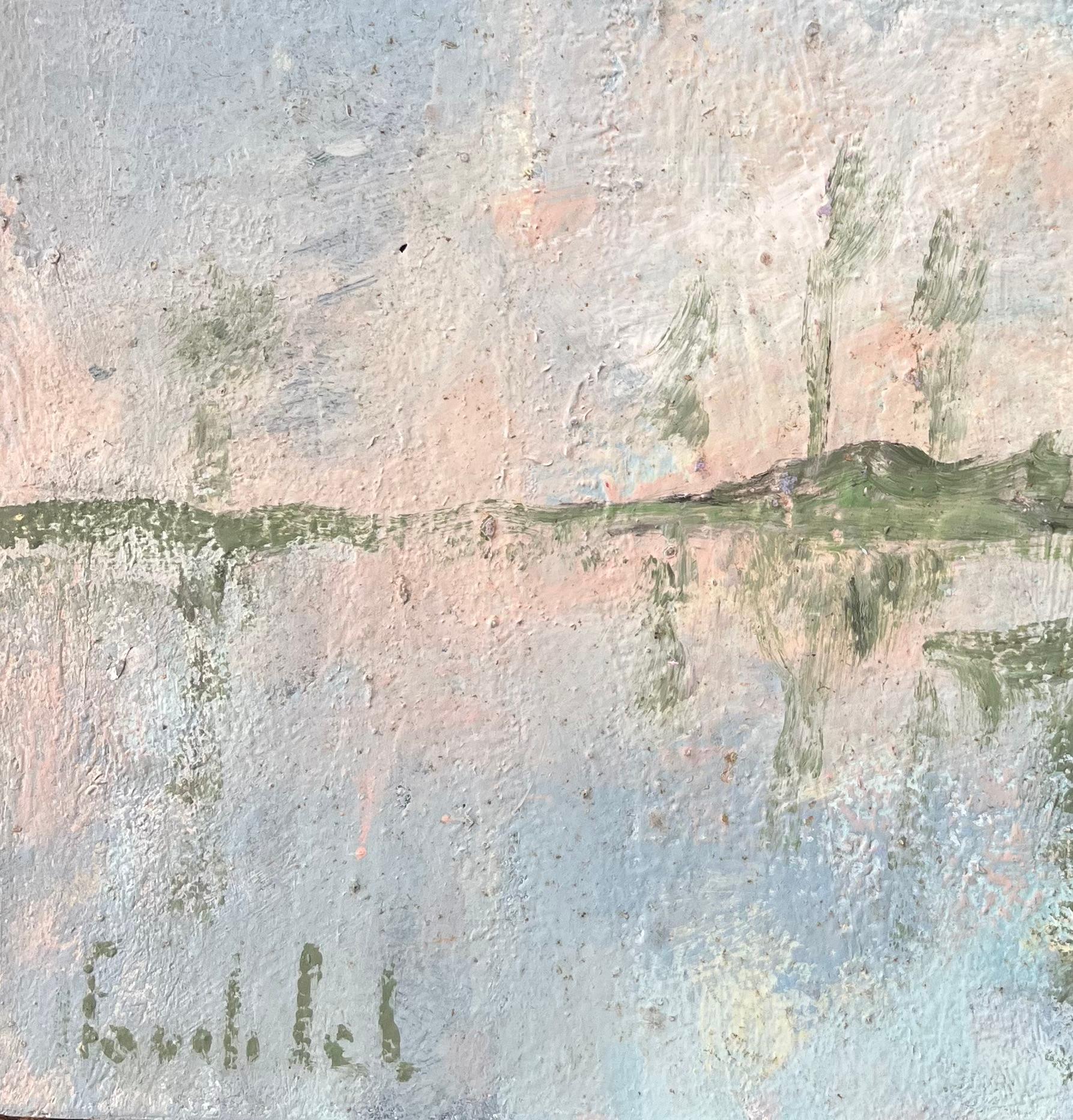 French Impressionist Oil Painting of Reflections of a Cottage on a Misty Lake For Sale 1
