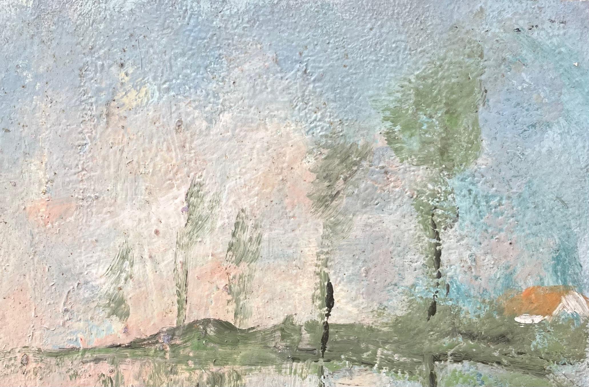 French Impressionist Oil Painting of Reflections of a Cottage on a Misty Lake For Sale 2