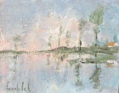 French Impressionist Oil Painting of Reflections of a Cottage on a Misty Lake