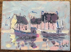French Impressionist Oil Painting of "Reflets" French Harbor Scene with Boats