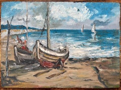 French Impressionist Oil Painting of Resting Boats on a Tranquil Shoreline