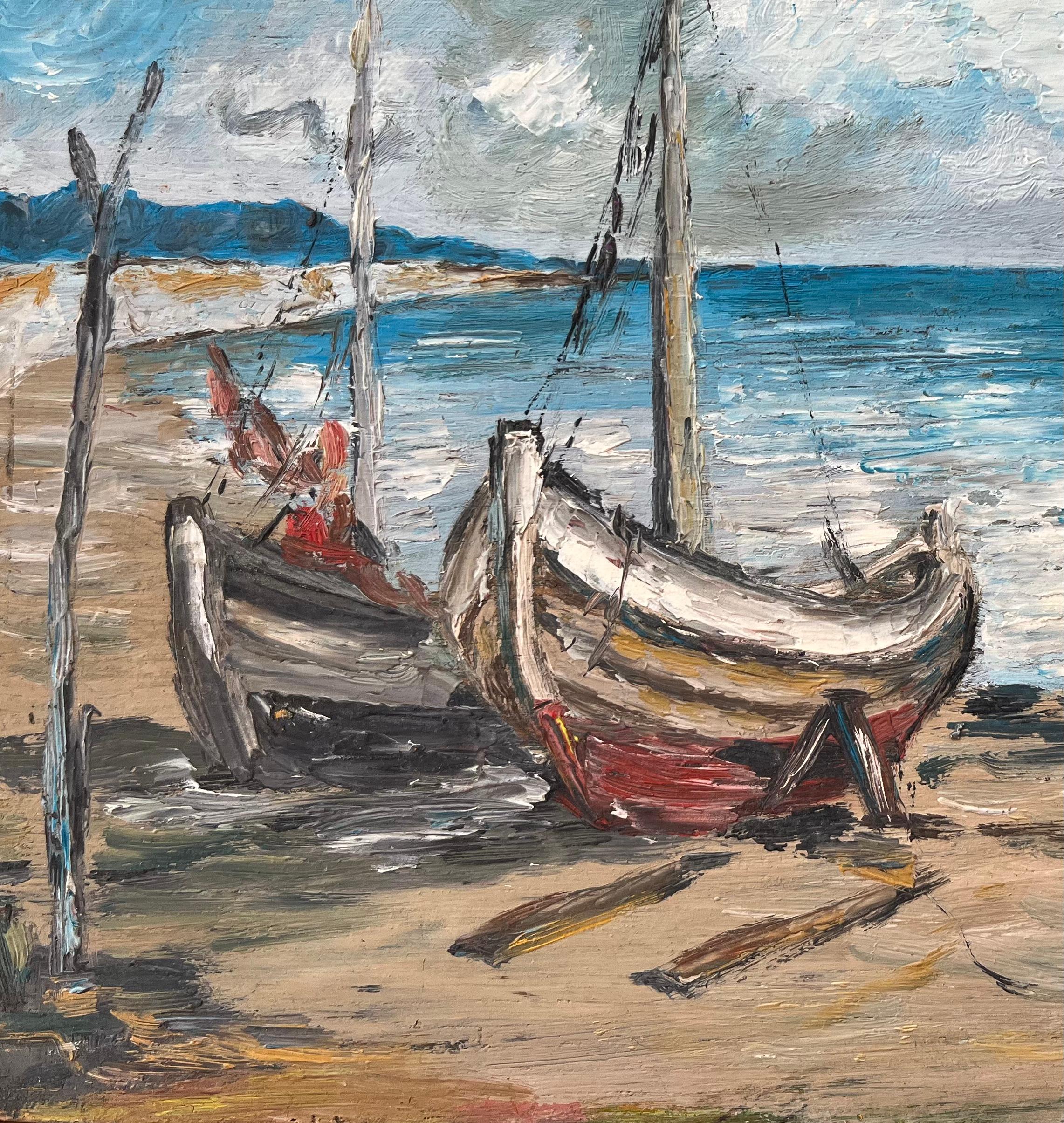 Peinture à l'huile impressionniste française représentant des bateaux au repos sur un rivage paisible - Impressionnisme Painting par Fanch Lel