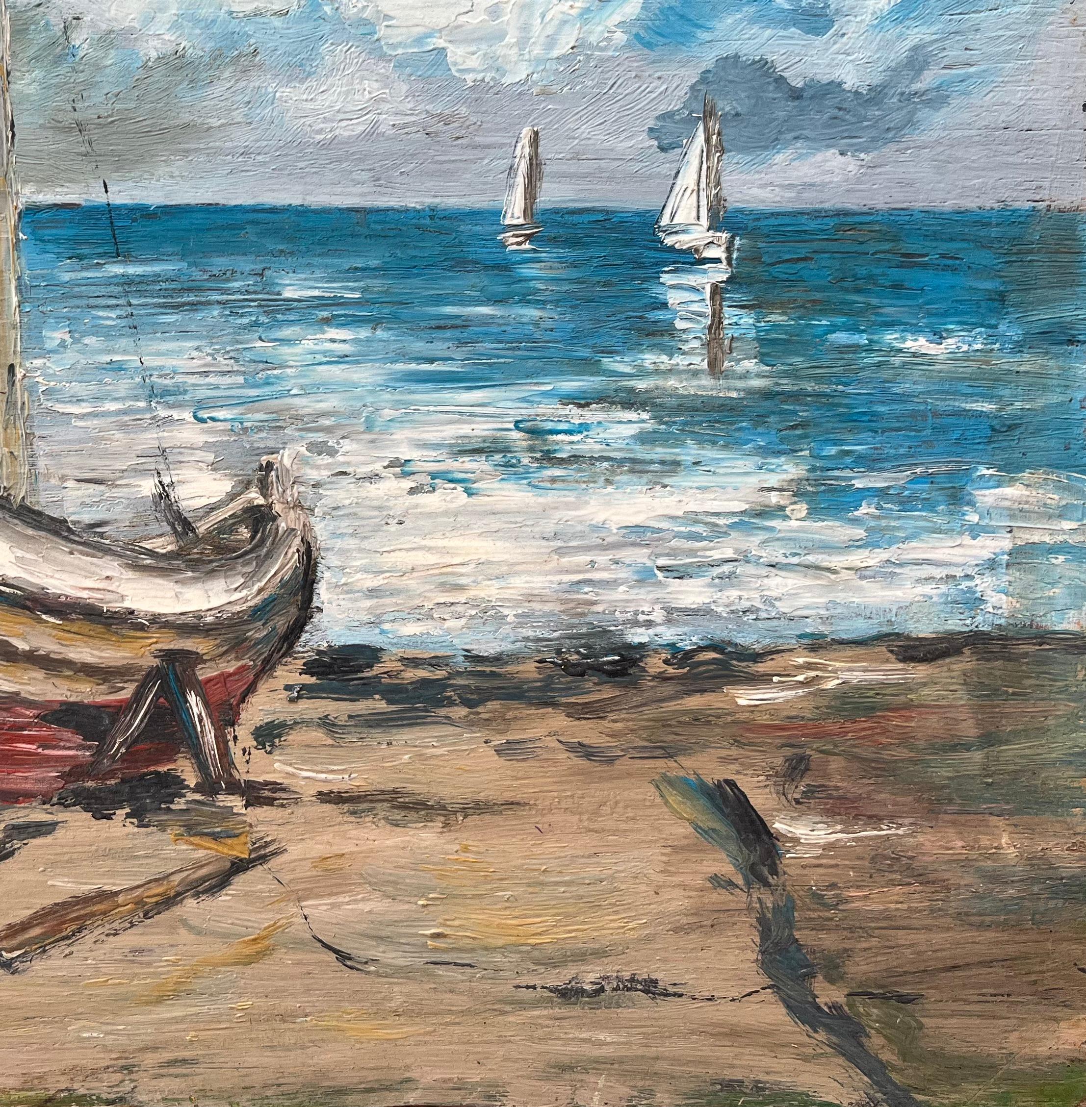 Peinture à l'huile impressionniste française représentant des bateaux au repos sur un rivage paisible - Gris Landscape Painting par Fanch Lel