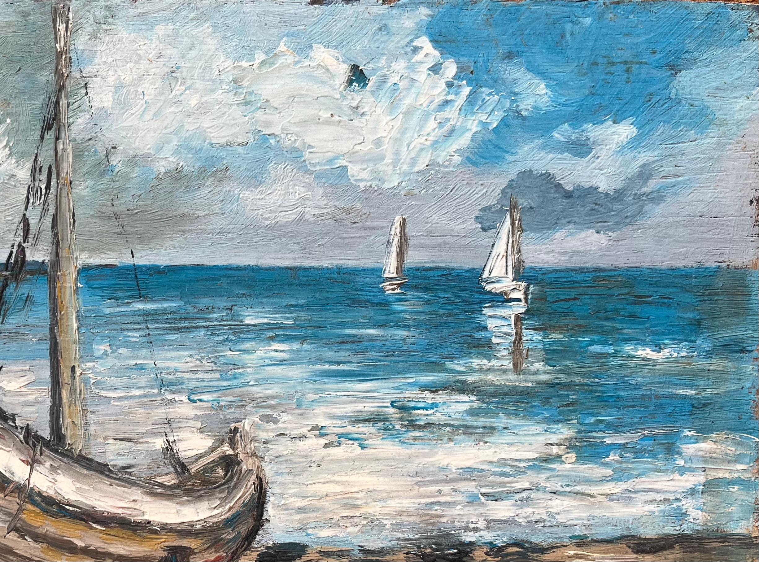 Titre : Peinture à l'huile impressionniste française représentant des bateaux au repos sur un rivage paisible
Par Fanch Lel (français né en 1930)
Taille : 7.5 x 10.5 pouces (hauteur x largeur)
Signé : Oui
Peinture à l'huile sur carton, non