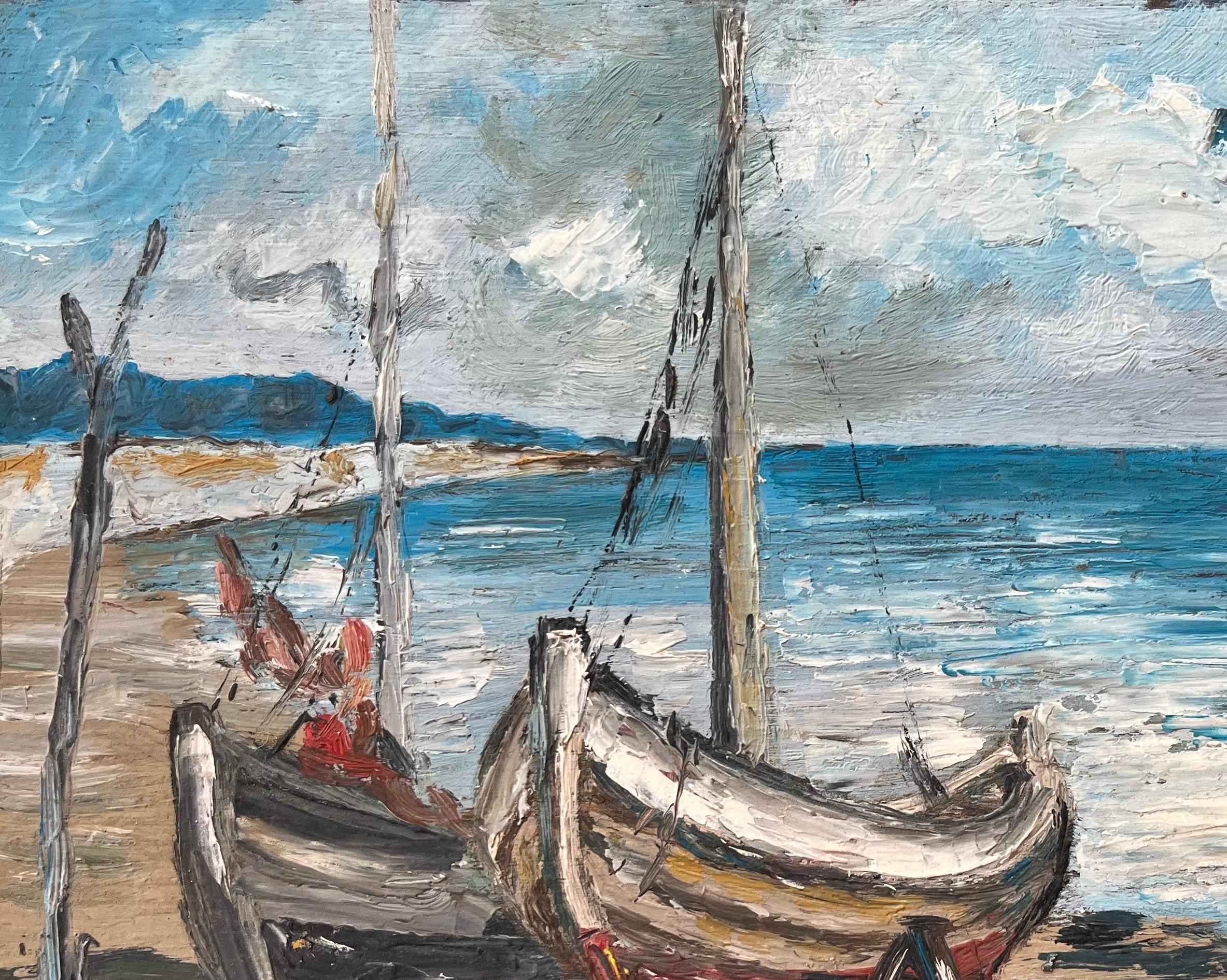 Peinture à l'huile impressionniste française représentant des bateaux au repos sur un rivage paisible en vente 1