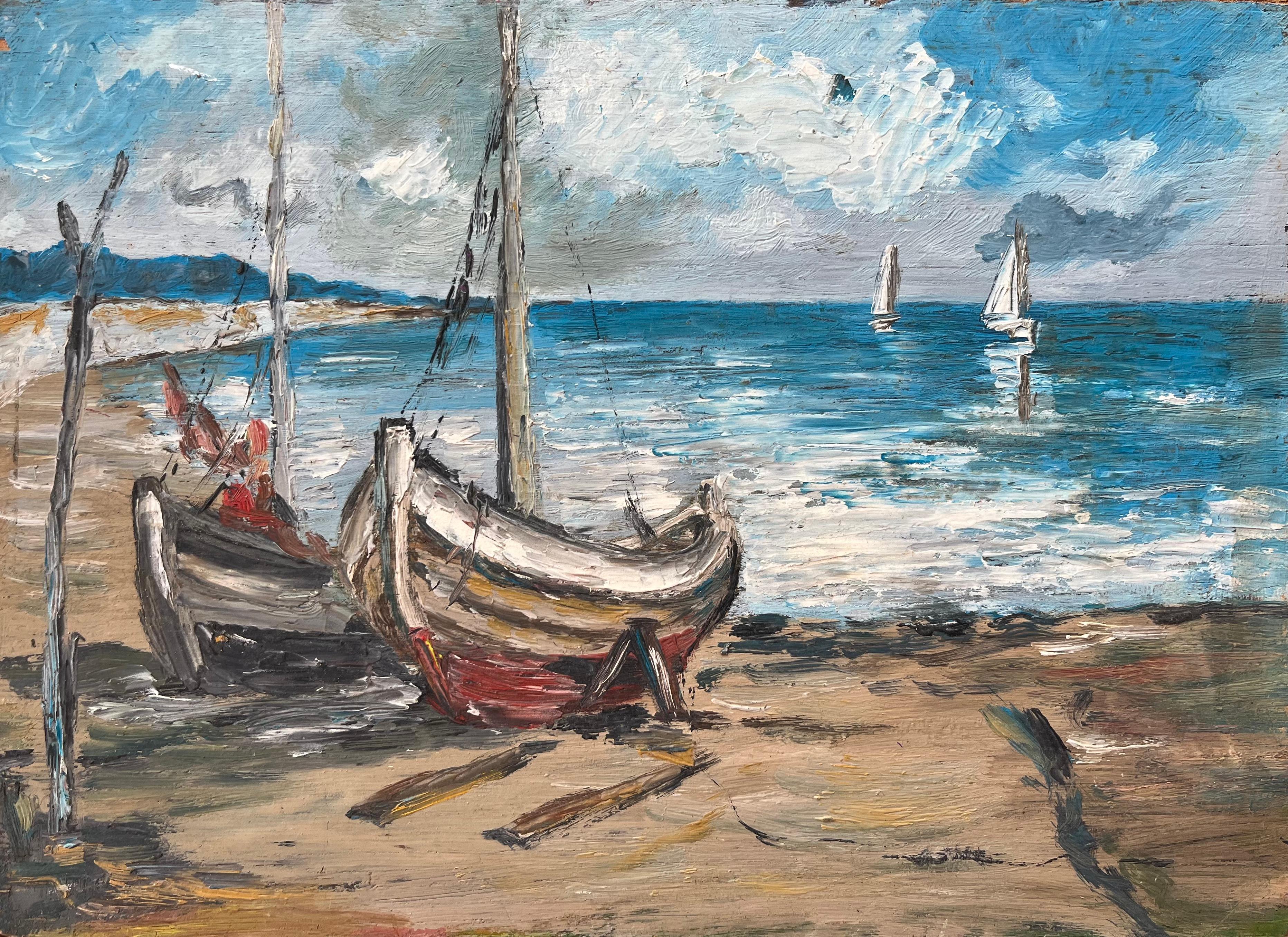 Óleo Impresionista Francés de Barcos Descansando en una Tranquila Orilla