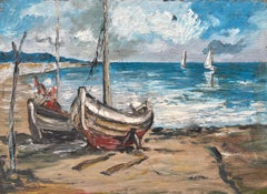 French Impressionist Oil Painting of Resting Boats on a Tranquil Shoreline
