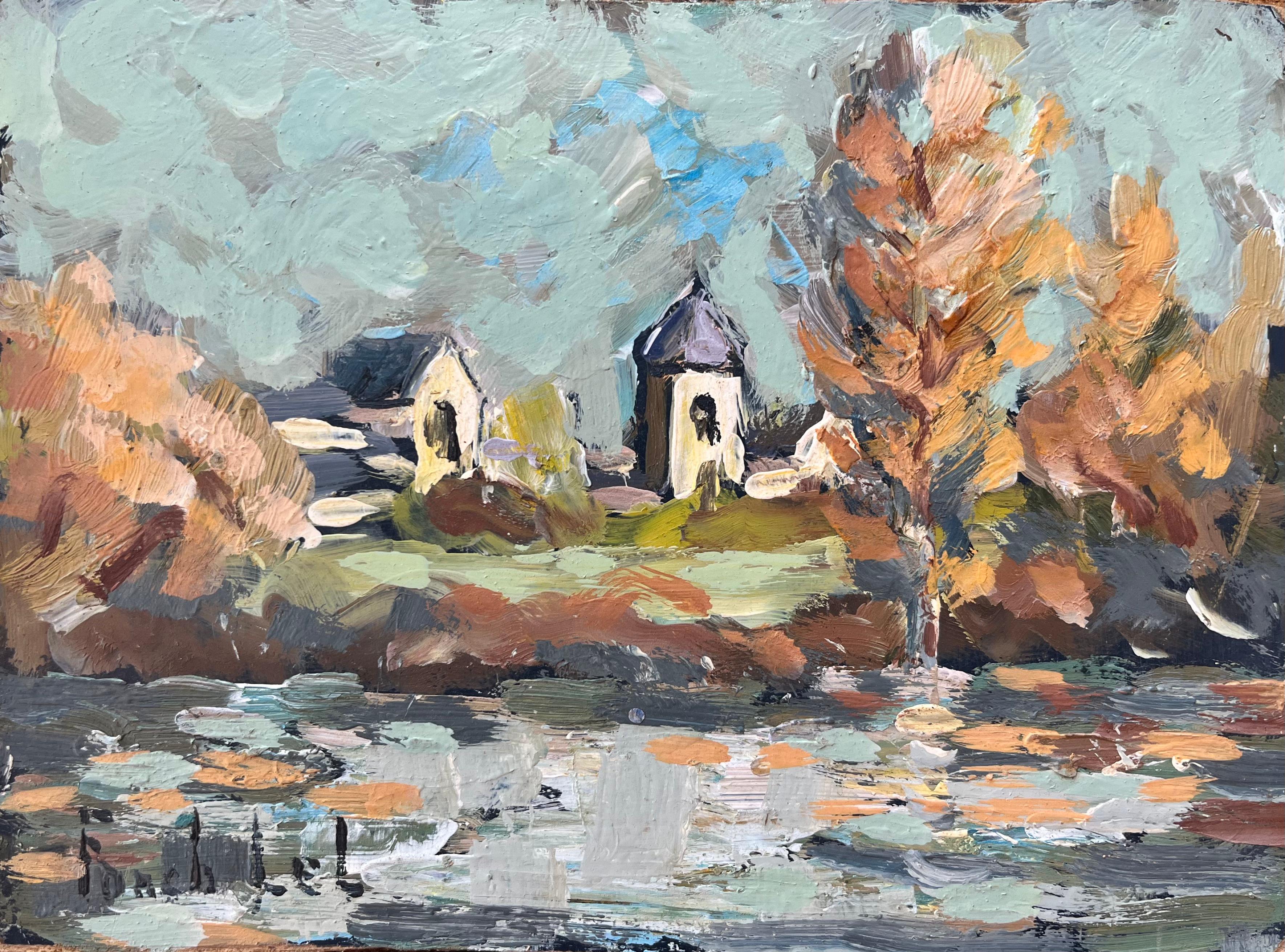 Peinture impressionniste française d'une scène de rivière à Guînes, dans le nord de la France