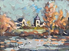 Óleo impresionista francés de escena ribereña en Guînes, norte de Francia