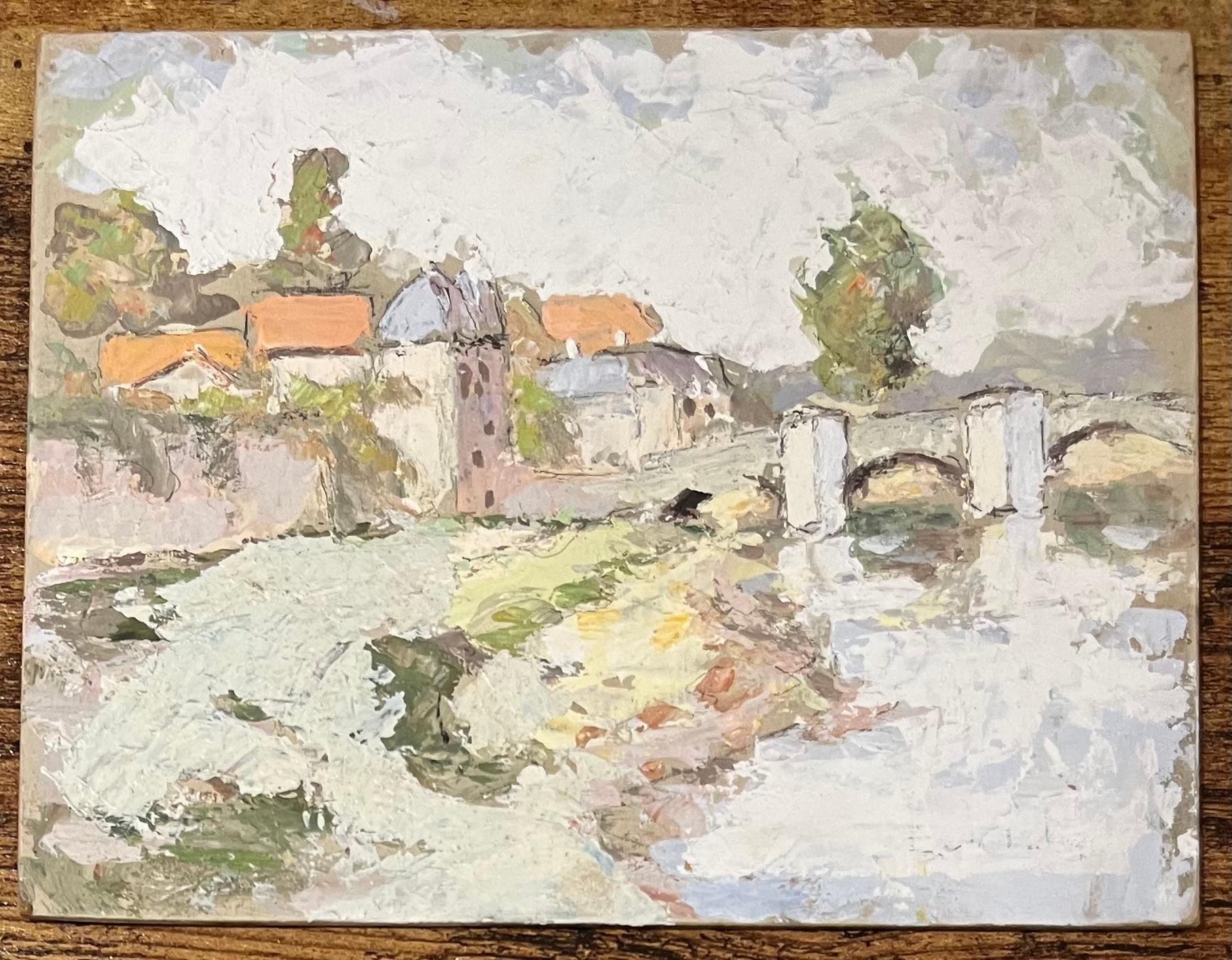 Pittura a olio impressionista francese raffigurante una veduta fluviale di Saint-Savin-sur-Gartempe - Painting di Fanch Lel