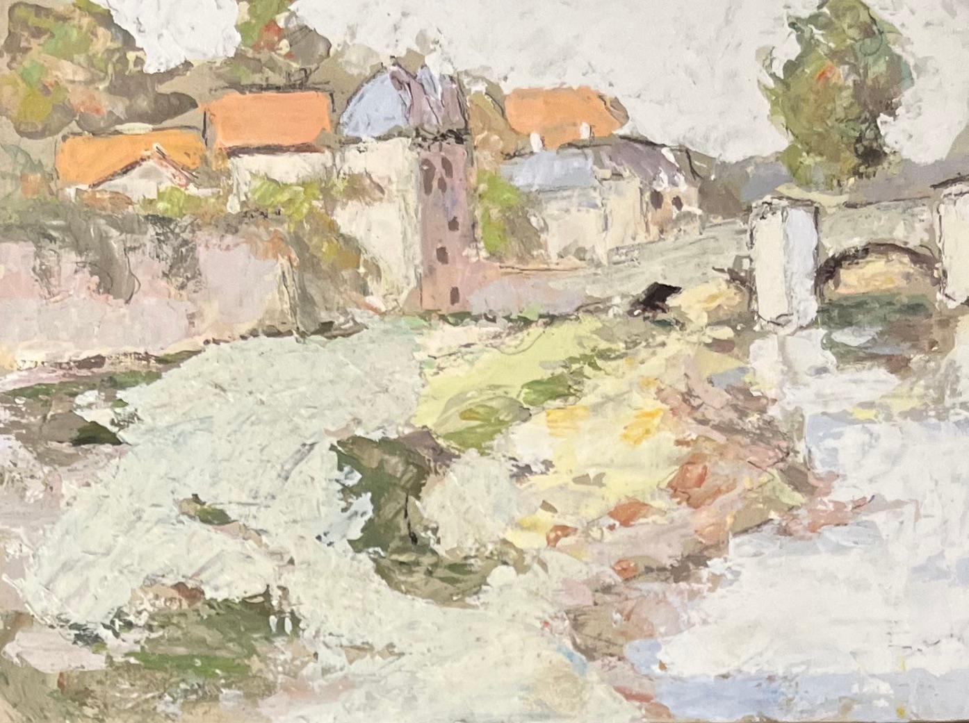 Pittura a olio impressionista francese raffigurante una veduta fluviale di Saint-Savin-sur-Gartempe - Painting Impressionismo di Fanch Lel