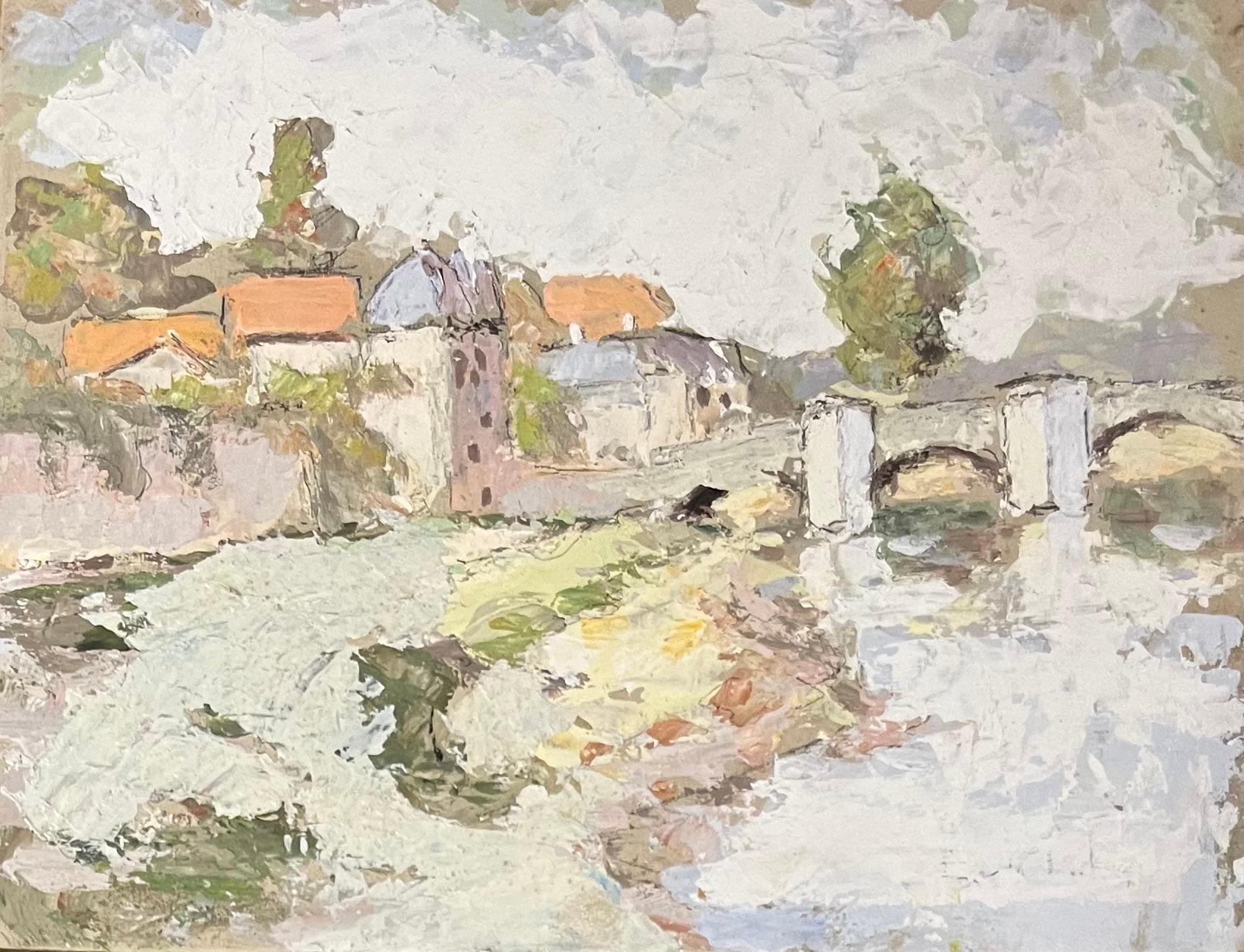 Figurative Painting di Fanch Lel - Pittura a olio impressionista francese raffigurante una veduta fluviale di Saint-Savin-sur-Gartempe