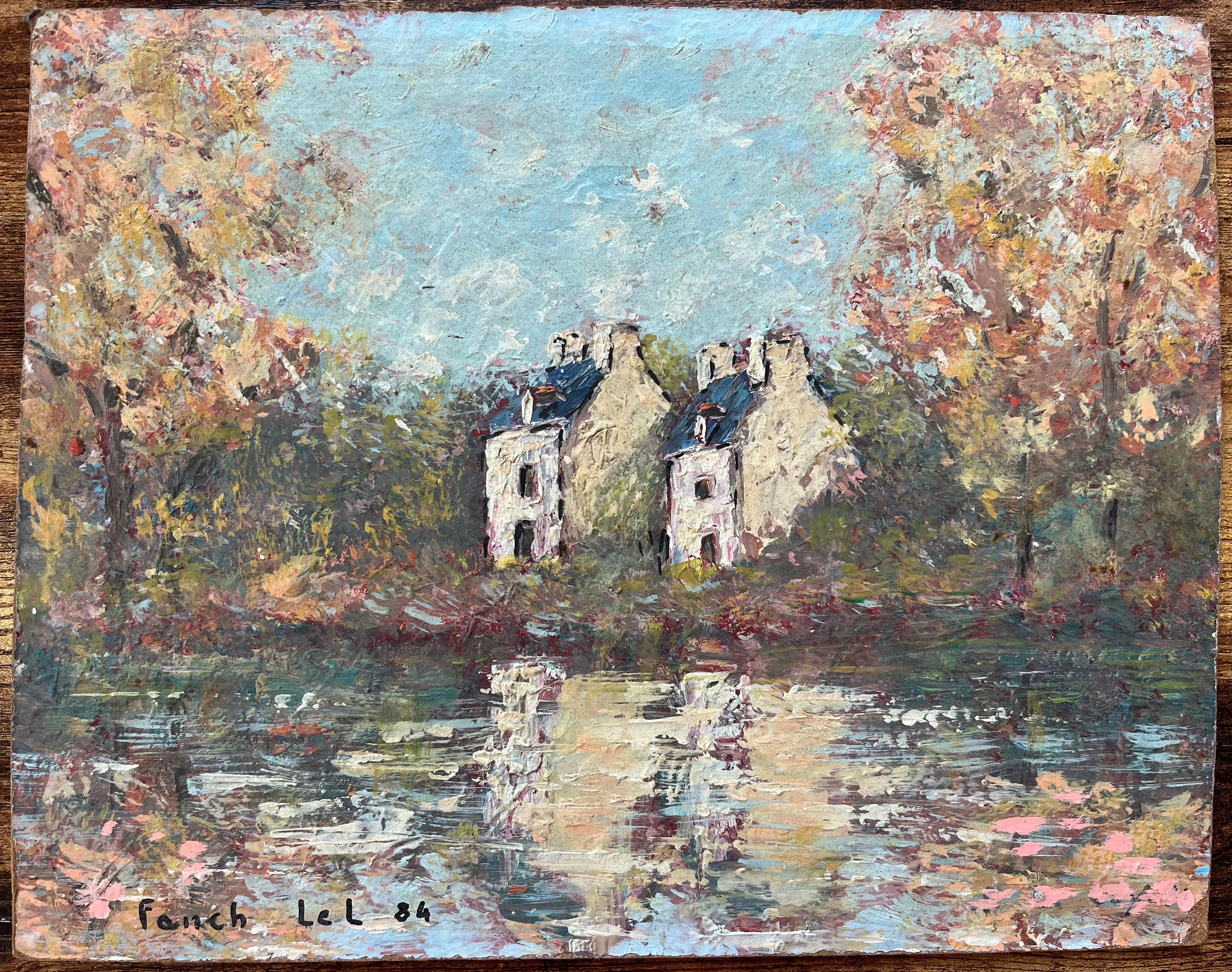 Pittura a olio impressionista francese con case rustiche immerse nel fogliame autunnale - Painting di Fanch Lel