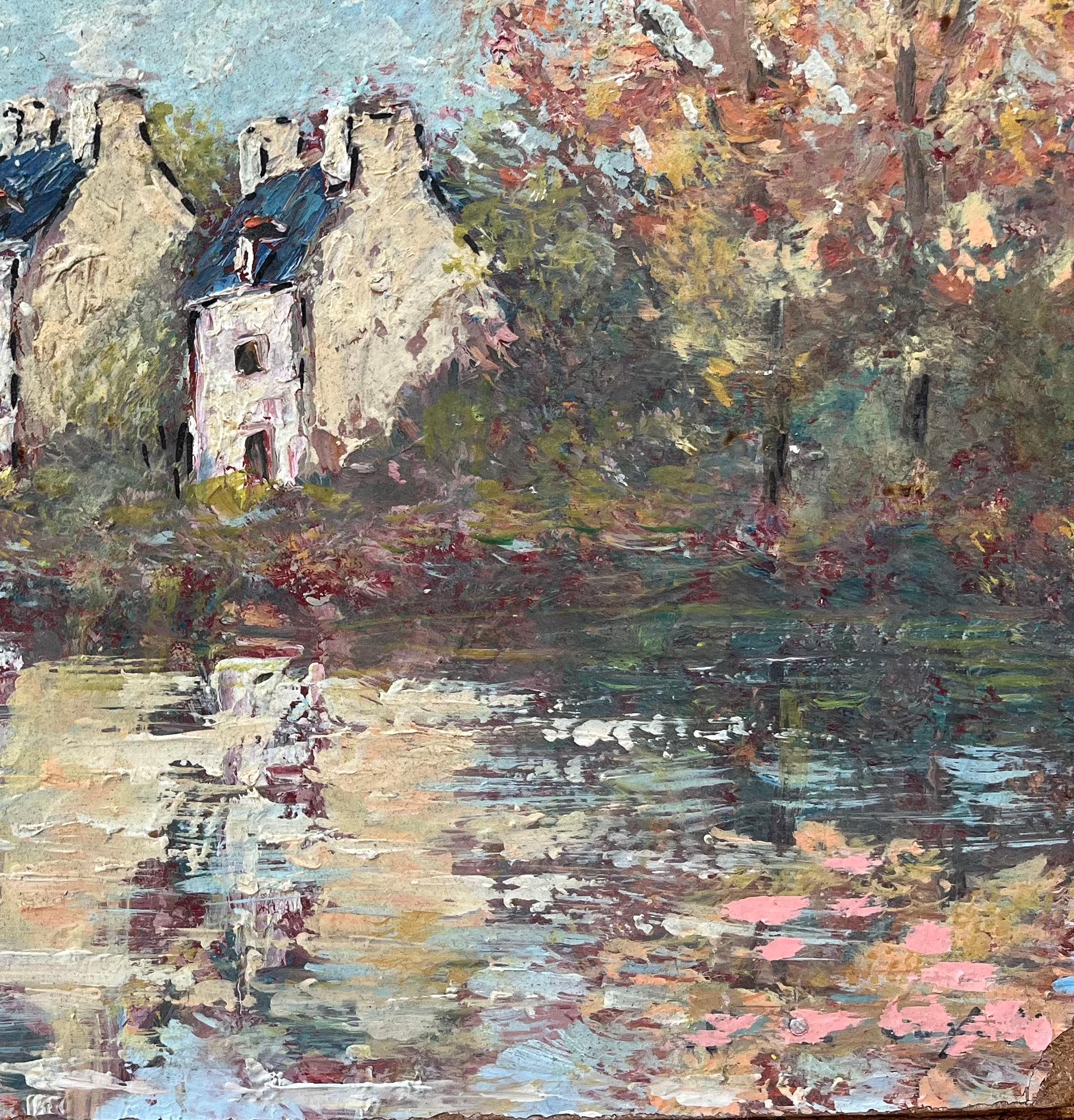 Pittura a olio impressionista francese con case rustiche immerse nel fogliame autunnale - Painting Impressionismo di Fanch Lel