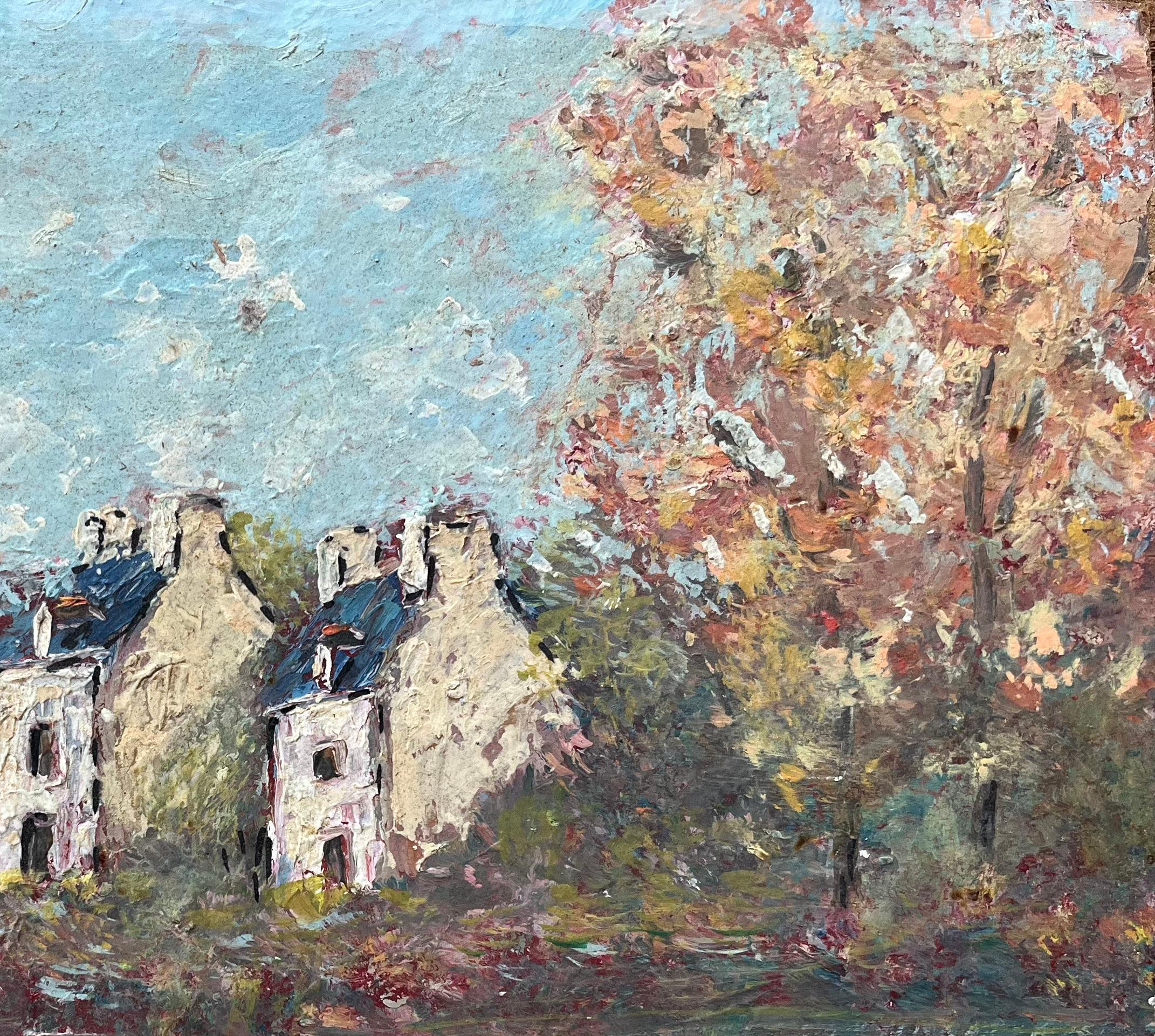 Pittura a olio impressionista francese con case rustiche immerse nel fogliame autunnale - Landscape Painting Grigio di Fanch Lel