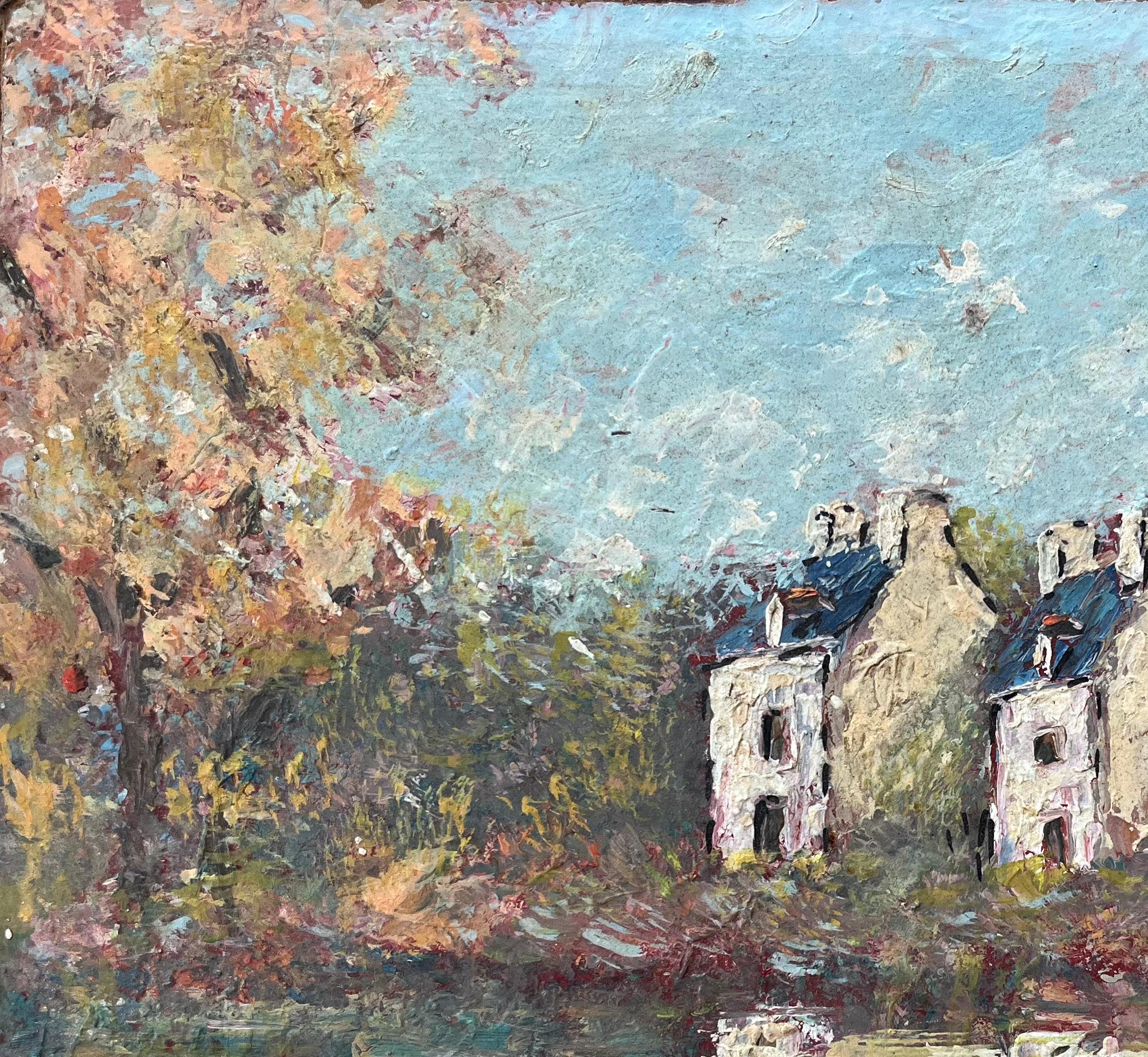 Pittura a olio impressionista francese con case rustiche immerse nel fogliame autunnale in vendita 1