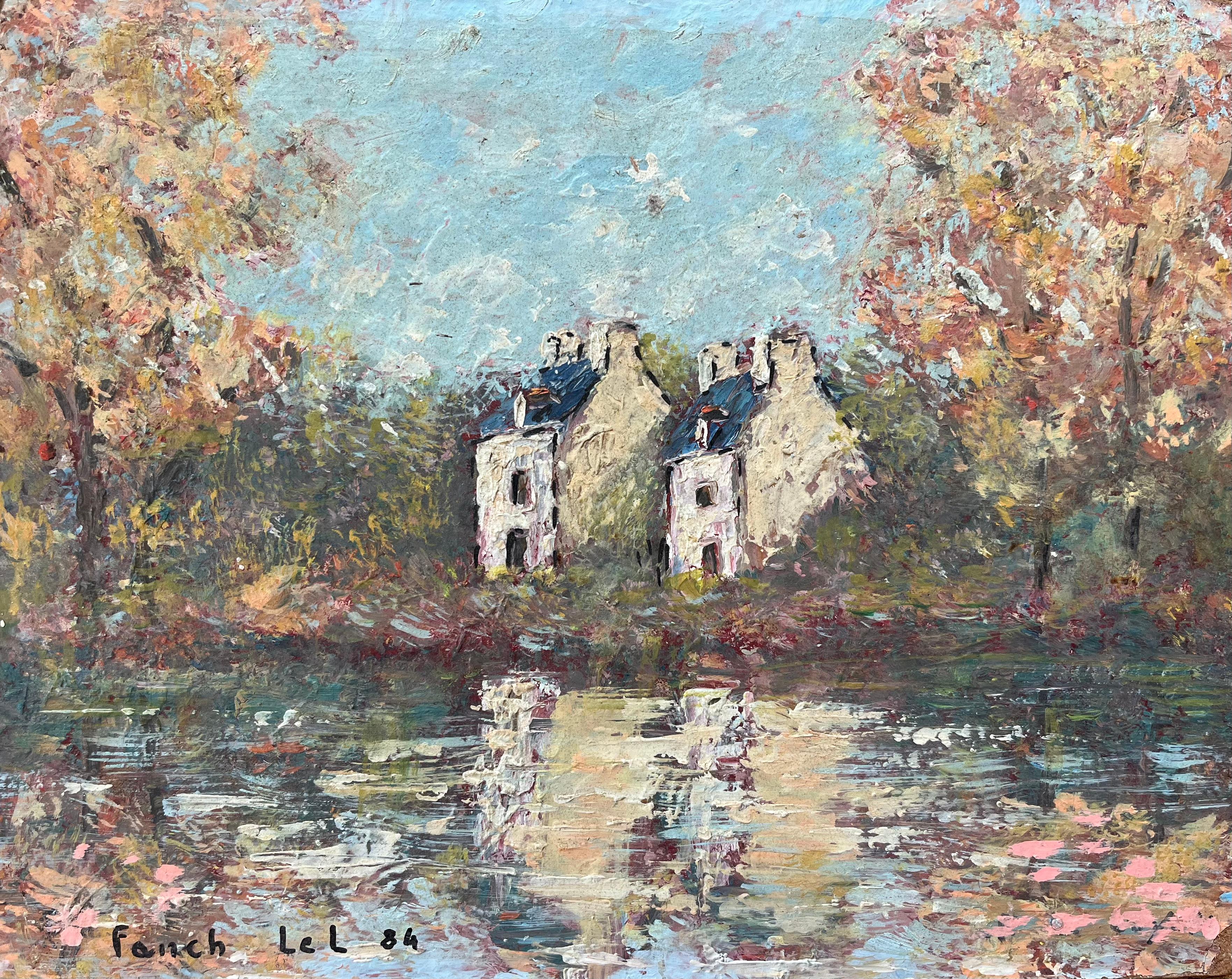 Landscape Painting di Fanch Lel - Pittura a olio impressionista francese con case rustiche immerse nel fogliame autunnale