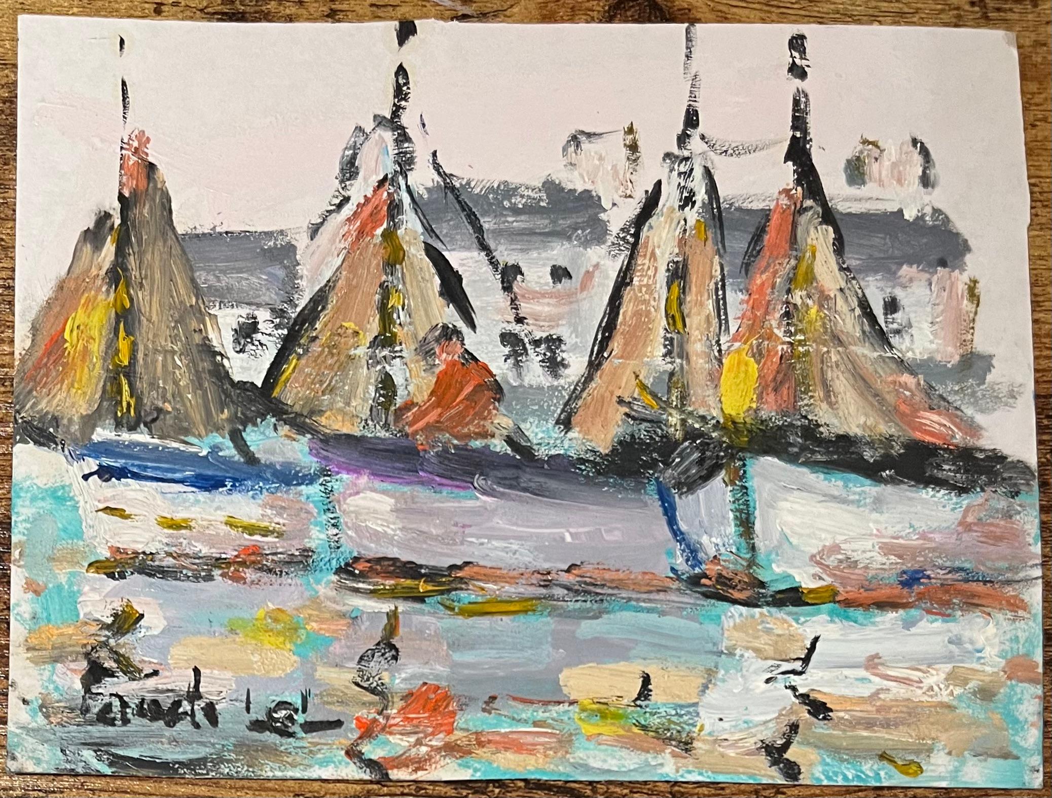 French Impressionist Oil Painting of Sailboats at Harbour - Beige Figurative Painting by Fanch Lel