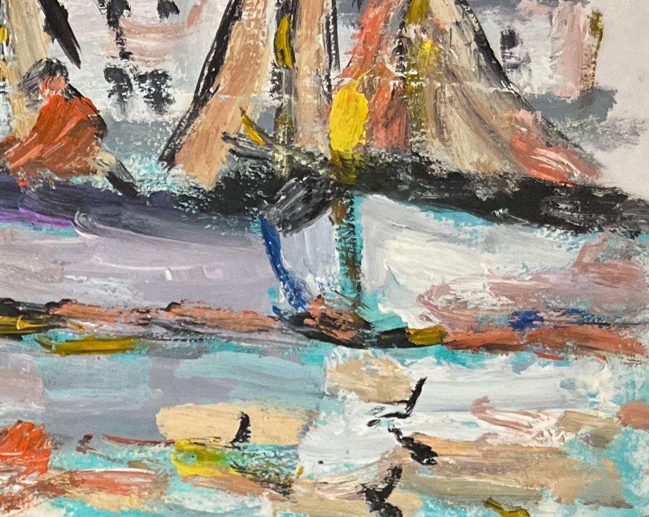 Title: French Impressionist Oil Painting of Sailboats at Harbour
By Fanch Lel (French b. 1930)
Size: 6.25 x 8.5 inches (height x width)
Signed: Yes
Oil painting on card, unframed
Condition: The painting is in good condition, with minor signs of