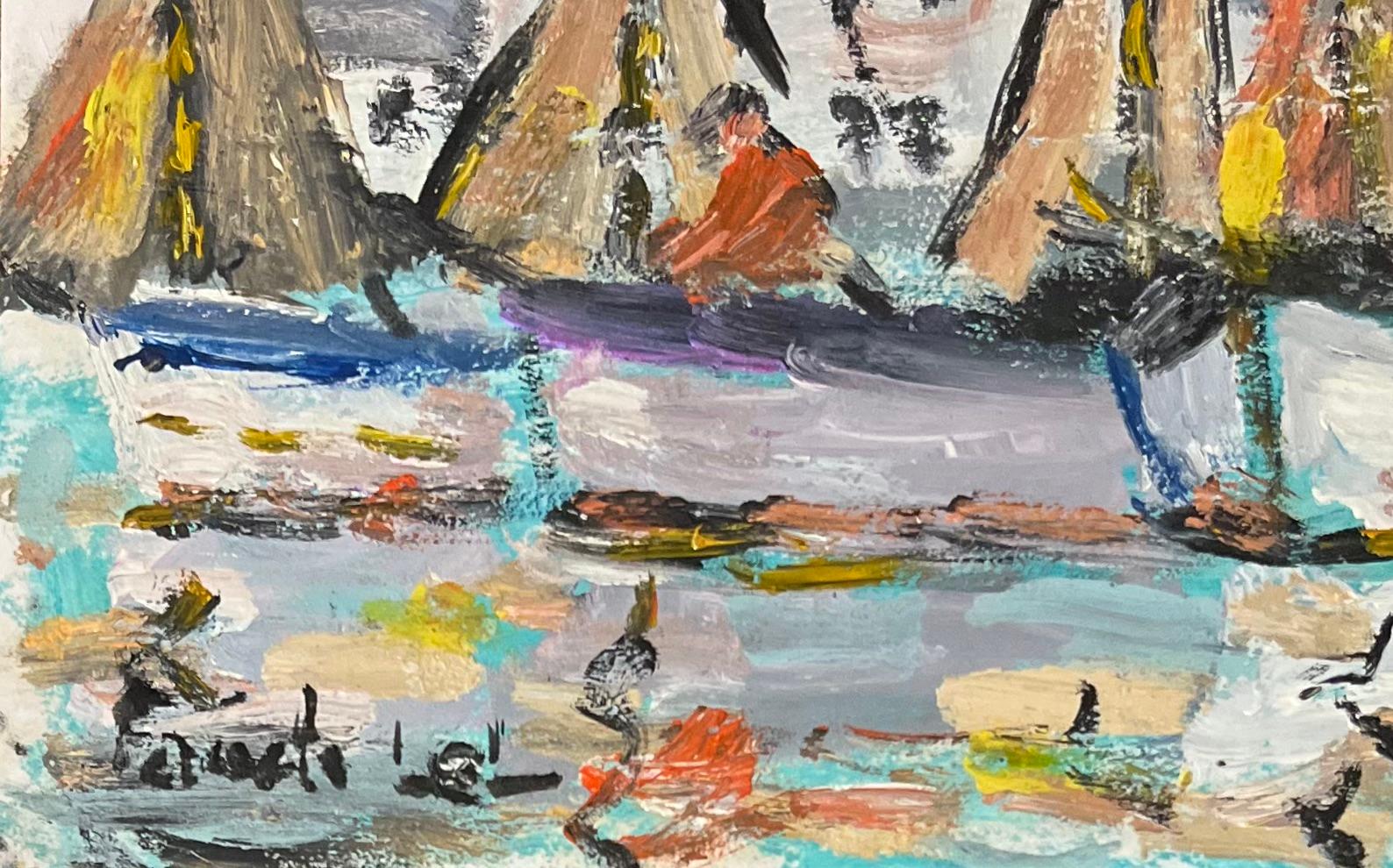 French Impressionist Oil Painting of Sailboats at Harbour For Sale 1