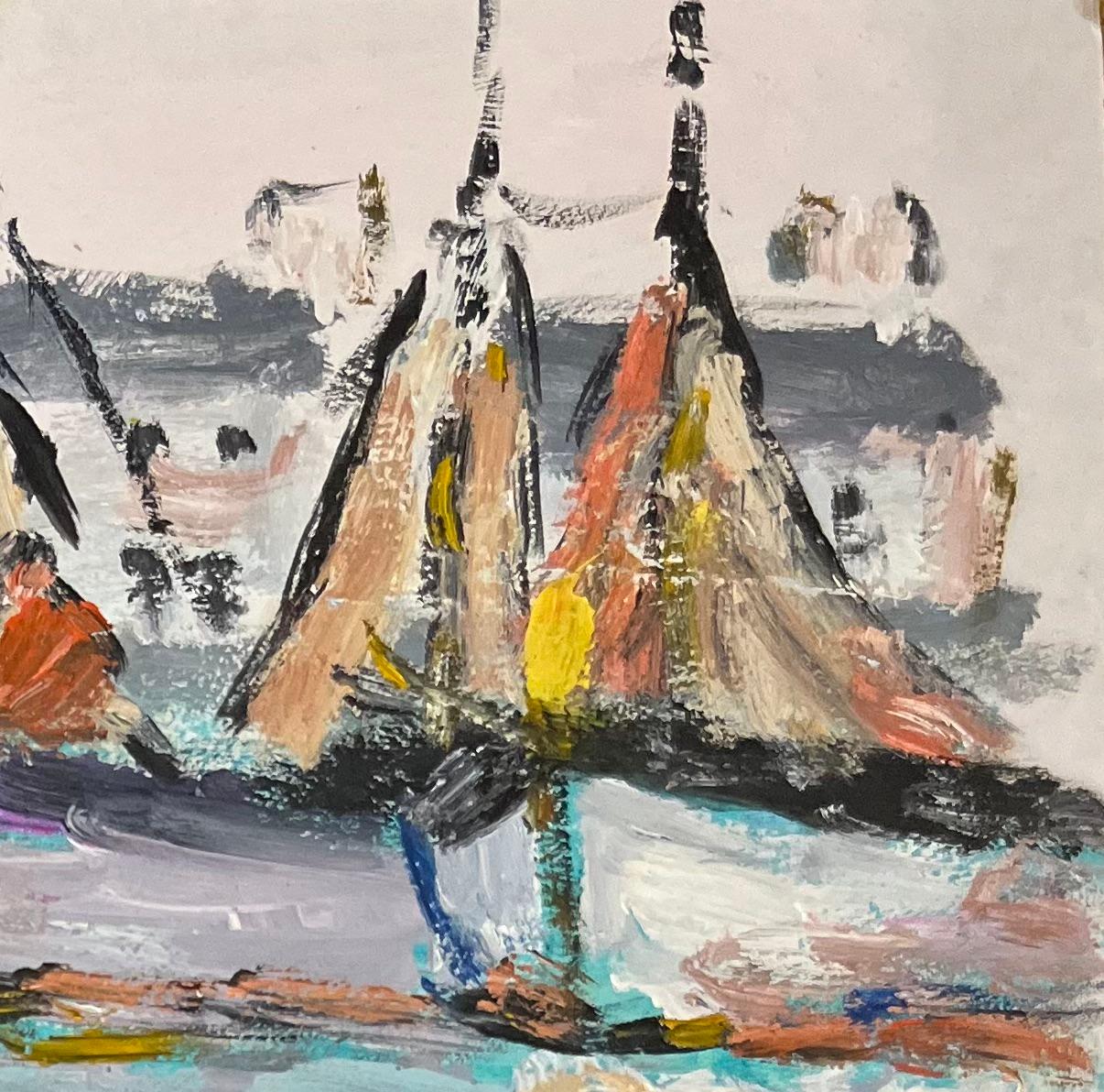 French Impressionist Oil Painting of Sailboats at Harbour For Sale 2