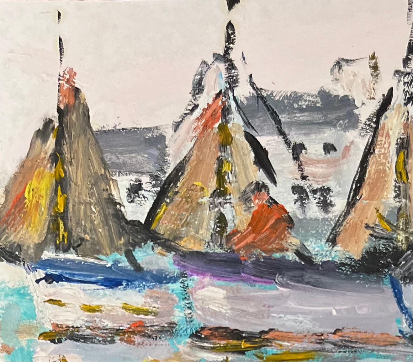French Impressionist Oil Painting of Sailboats at Harbour For Sale 3