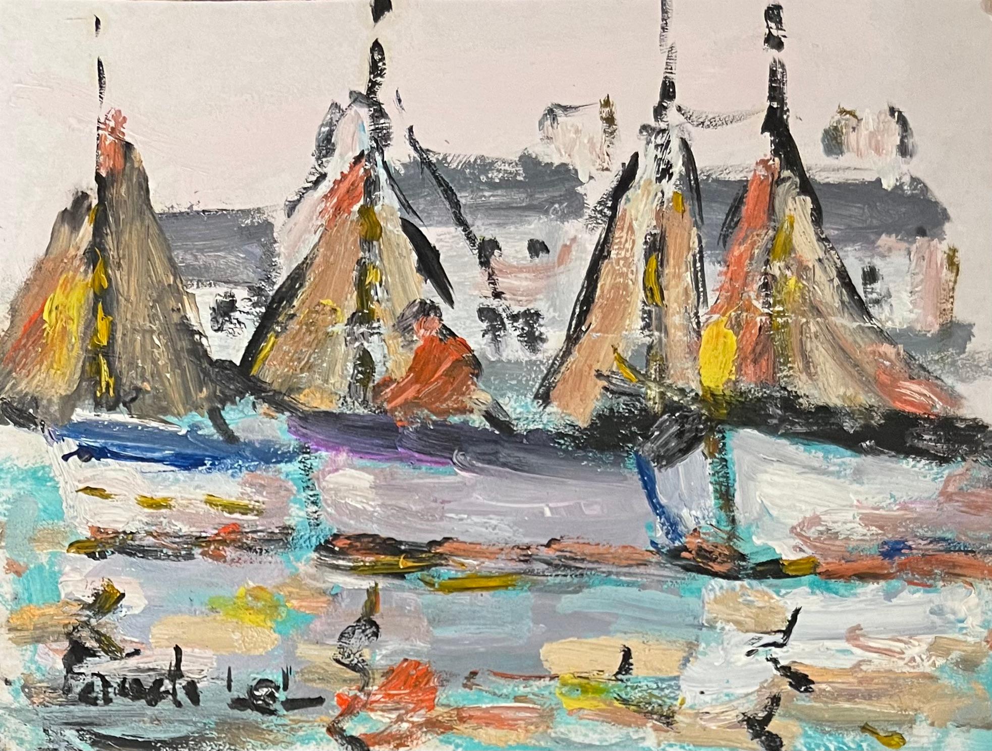 Fanch Lel Figurative Painting - French Impressionist Oil Painting of Sailboats at Harbour