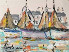 Französisches impressionistisches Ölgemälde von Segelbooten im Hafen, Impressionismus